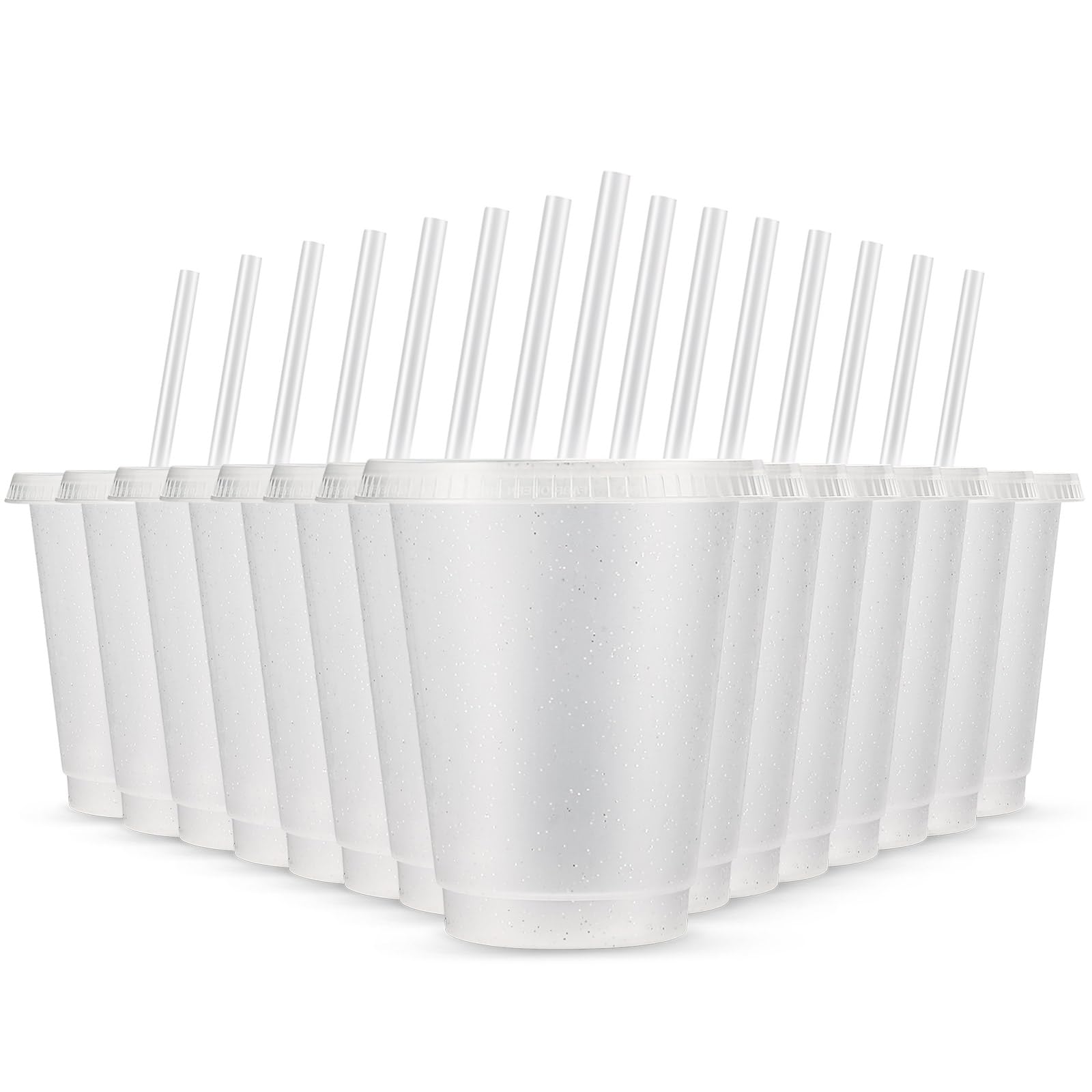 15-Pack Reusable 16oz Glitter Plastic Cups with Lids & Straws - Clear Travel Tumblers for Iced Coffee, Water & Party Drinks | Dishwasher Safe BPA-Free Cups for Home, Office & Outdoor Events