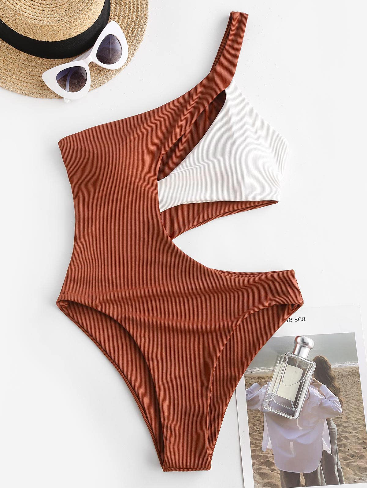 ZAFUL Women's Sexy One Shoulder Ribbed Bikini - Colorblock Cutout Monokini Swimsuit for Beach, Pool Party & Summer Vacation