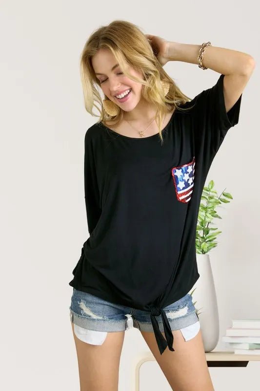 ADORA Sequin US Flag Pocketed Top for Women - Patriotic Fashion Blouse with Pockets - Perfect for 4th of July, Memorial Day & Independence Day Celebrations