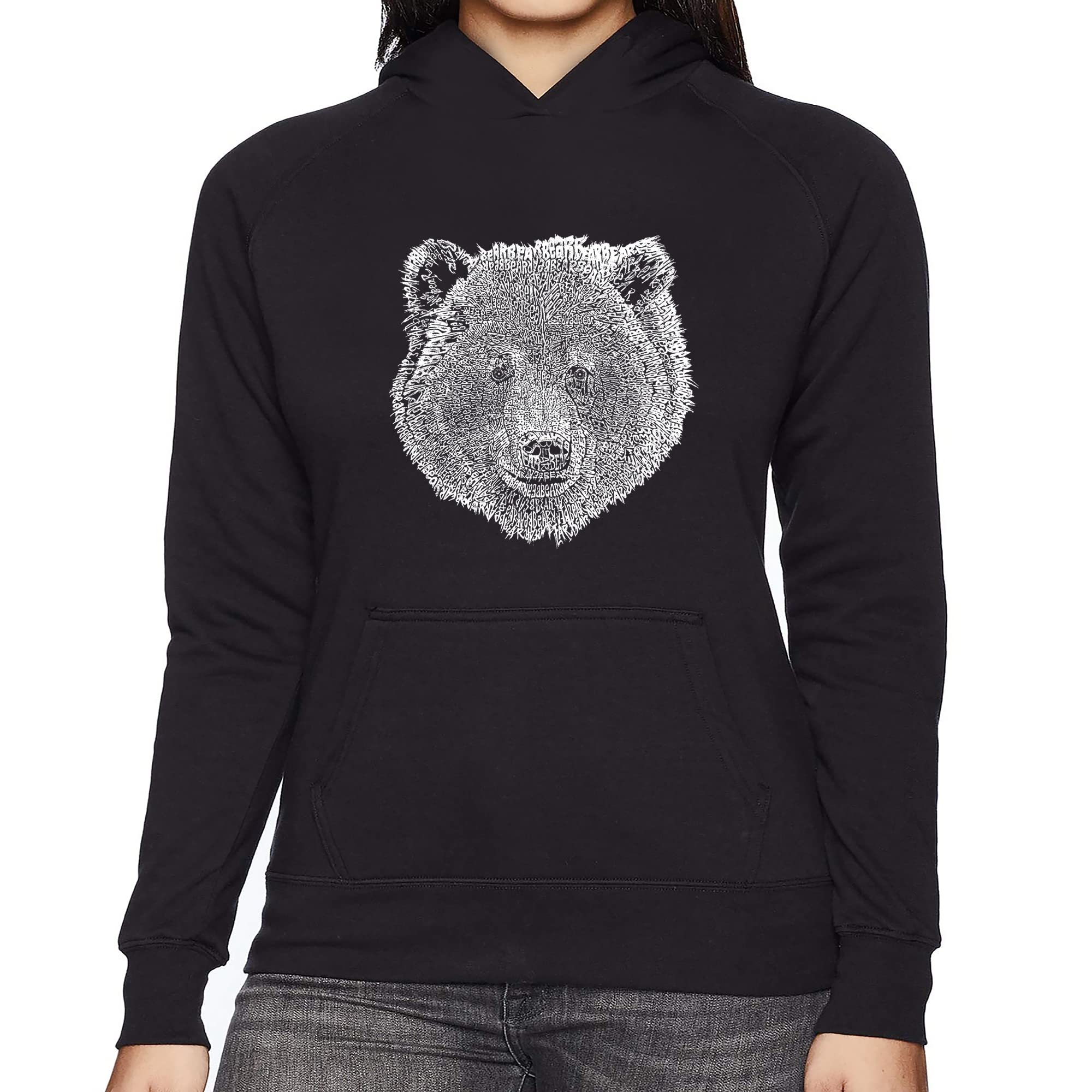 LA POP ART Women's Word Art Hooded Sweatshirt with Bear Face Design - Cozy Pullover for Casual Wear, Street Style & Winter Fashion