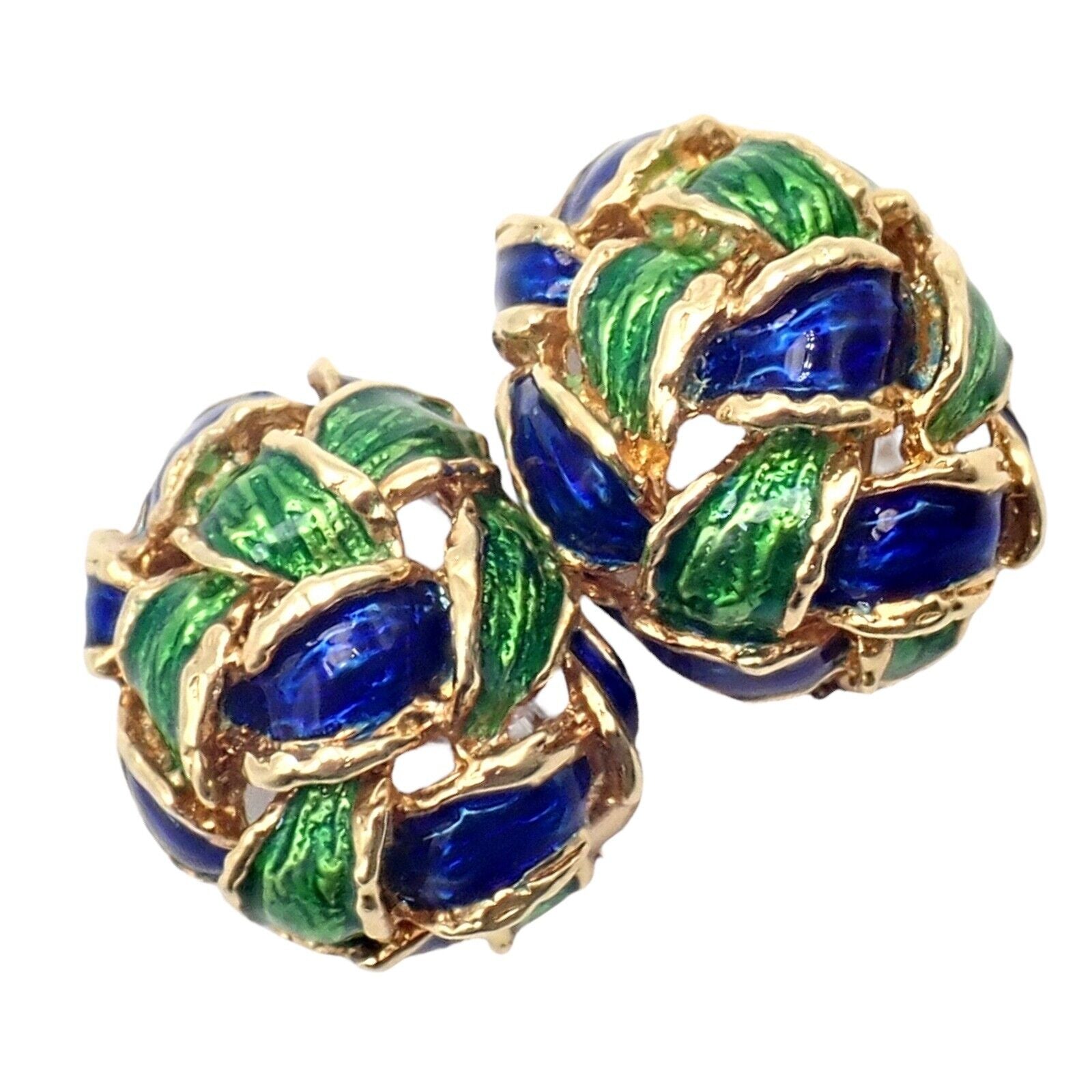Vintage Tiffany & Co Green Blue Enamel 18k Yellow Gold Basket Weave Earrings - Luxury Jewelry for Women, Perfect for Weddings, Parties & Special Occasions