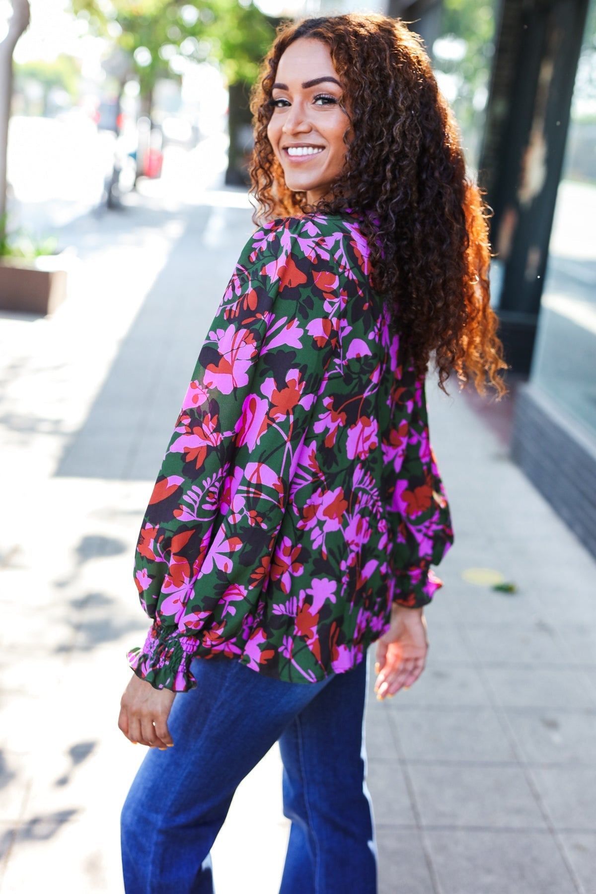 Eyes On You Forest Green Floral Smocked Bubble Sleeve V-Neck Blouse - Elegant Spring Summer Floral Top for Women, Perfect for Date Night, Garden Party & Casual Outings