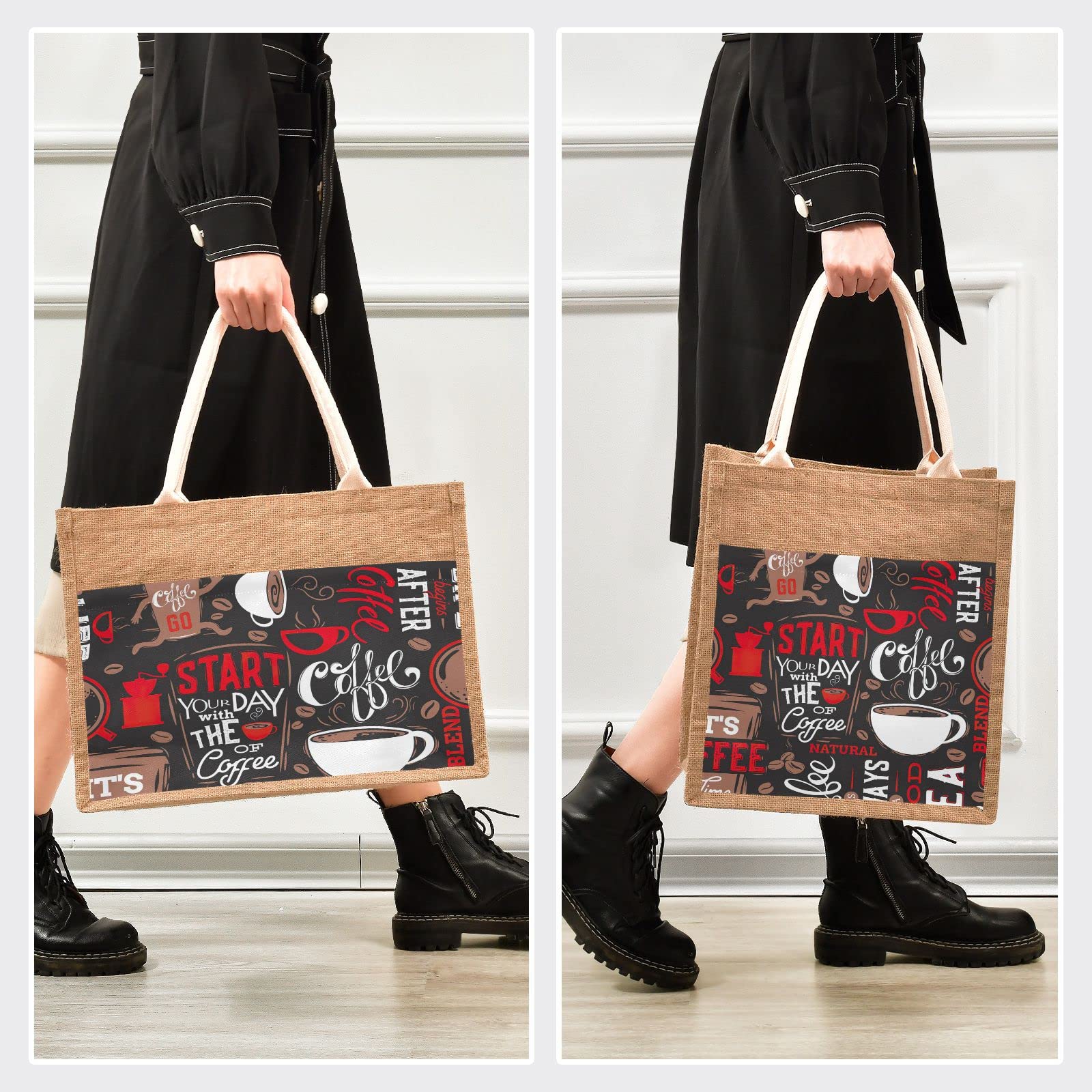 Eco-Friendly Coffee Pattern Jute Tote Bag - Waterproof Burlap Straw Grocery Shopping Bag for Women, Beach, Travel & Daily Use | Reusable & Durable for Market, Picnic & Work Commute