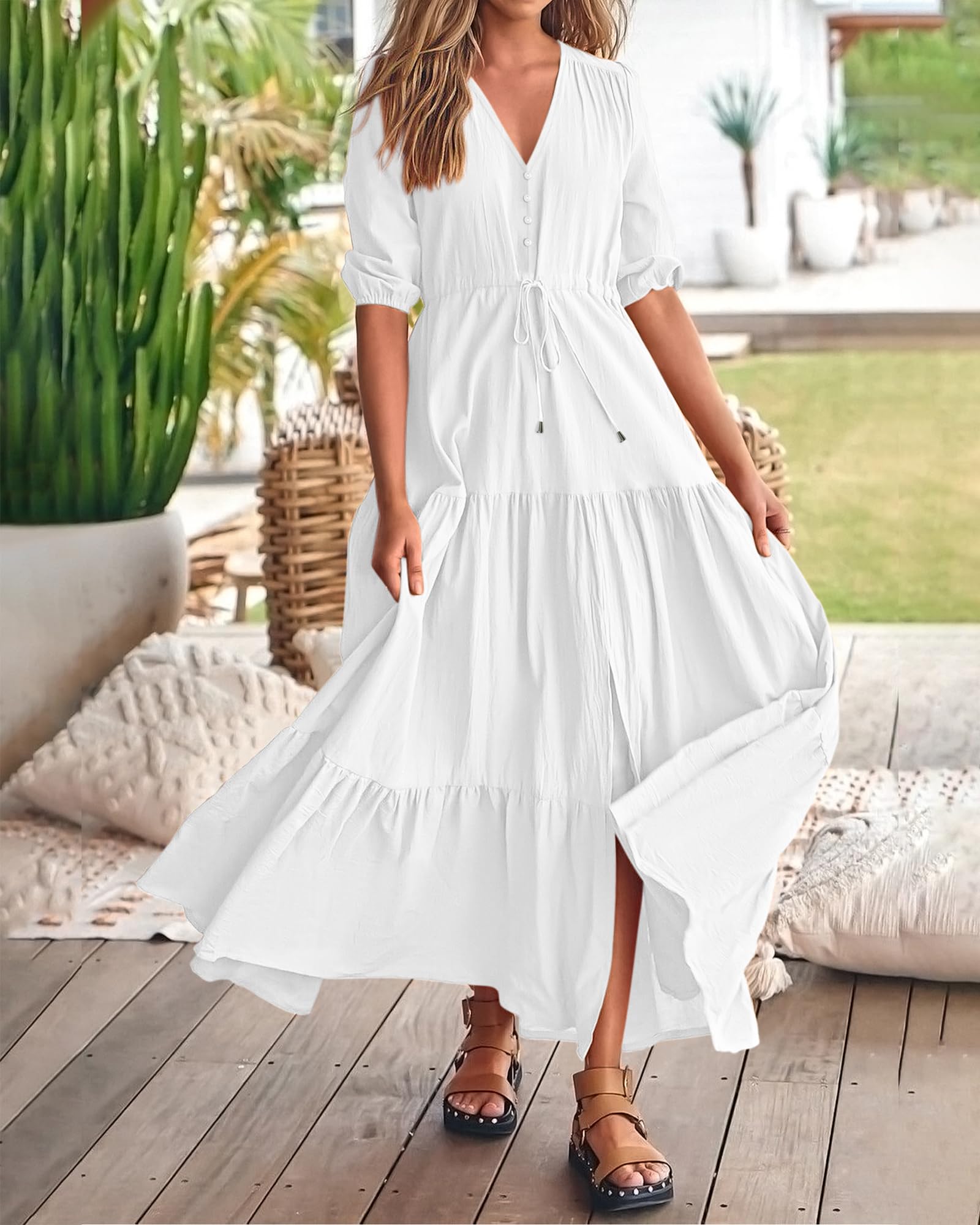 BTFBM Women's Summer Maxi Dress - Short Sleeve V-Neck Button Down Boho Long Dress with Drawstring Waist, Solid Color Casual Beach Dress for Vacation, Party & Everyday Wear