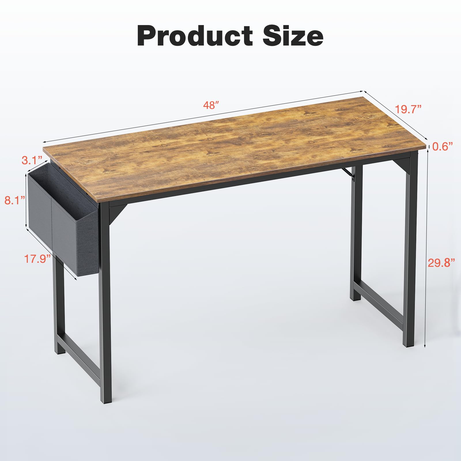 OLIXIS 48 Inch Modern Wooden Computer Desk for Home Office, Study & Gaming - Rustic Brown Writing Desk with Storage Bag & Headphone Hook - Perfect for Small Spaces, Bedrooms, Student Dorms & Shared Workspaces