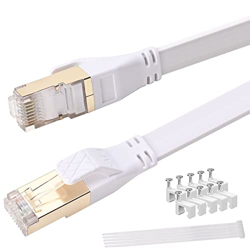 VMUND Cat 8 Ethernet Cable 20 Ft - High Speed 40Gbps Flat Internet Cord, Outdoor Shielded LAN Network Cable with Gold Plated RJ45 Connectors for Gaming, Streaming, Home Office & Server Use - White