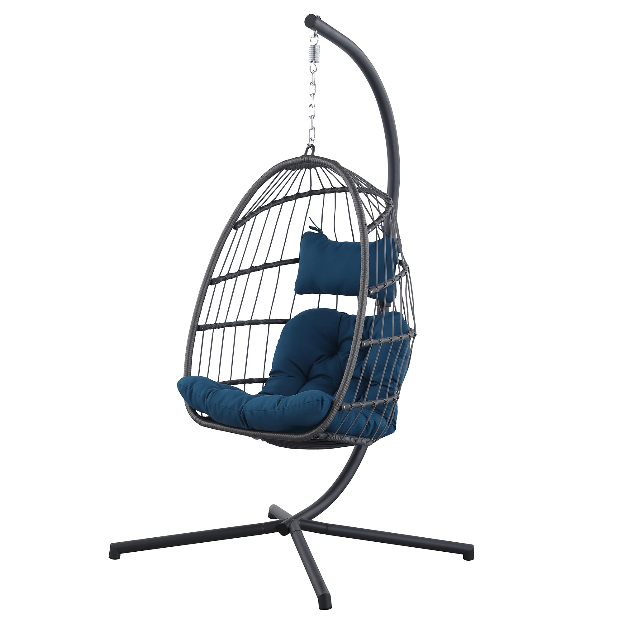 Outdoor Hanging Egg Chair with Stand - Rattan Wicker Swing Chair with Deep Cushion for Patio, Porch, Backyard, Balcony & Indoor Use - Blue Hammock Lounge Chair for Relaxation | Perfect for Reading, Sunbathing & Lounging in Garden or Bedroom