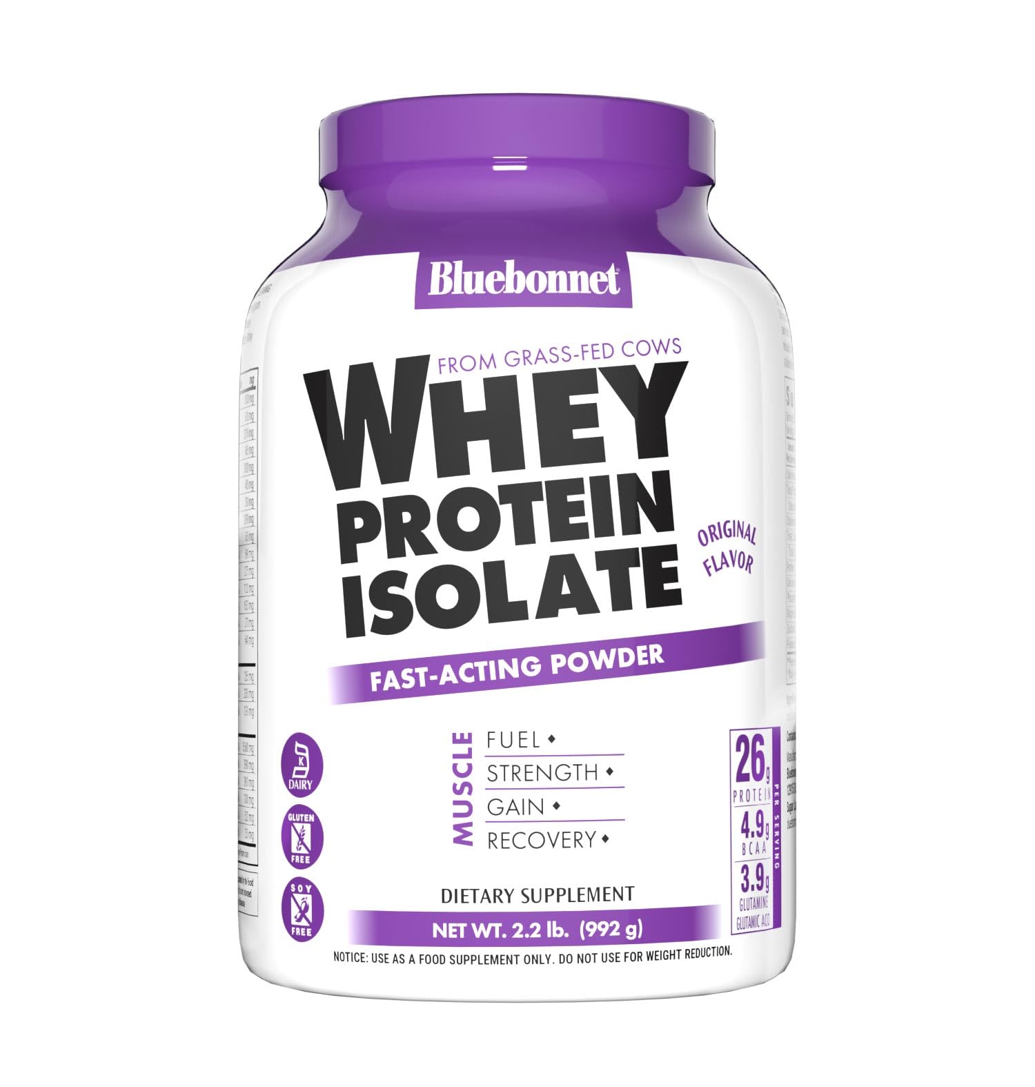Bluebonnet Nutrition Whey Protein Isolate Powder from Grass-Fed Cows | 26g Protein per Serving | Sugar-Free, Gluten-Free, Soy-Free, Kosher Dairy Certified | 2.2 lbs (32 Servings) | Unflavored | Ideal for Post-Workout Recovery & Muscle Building