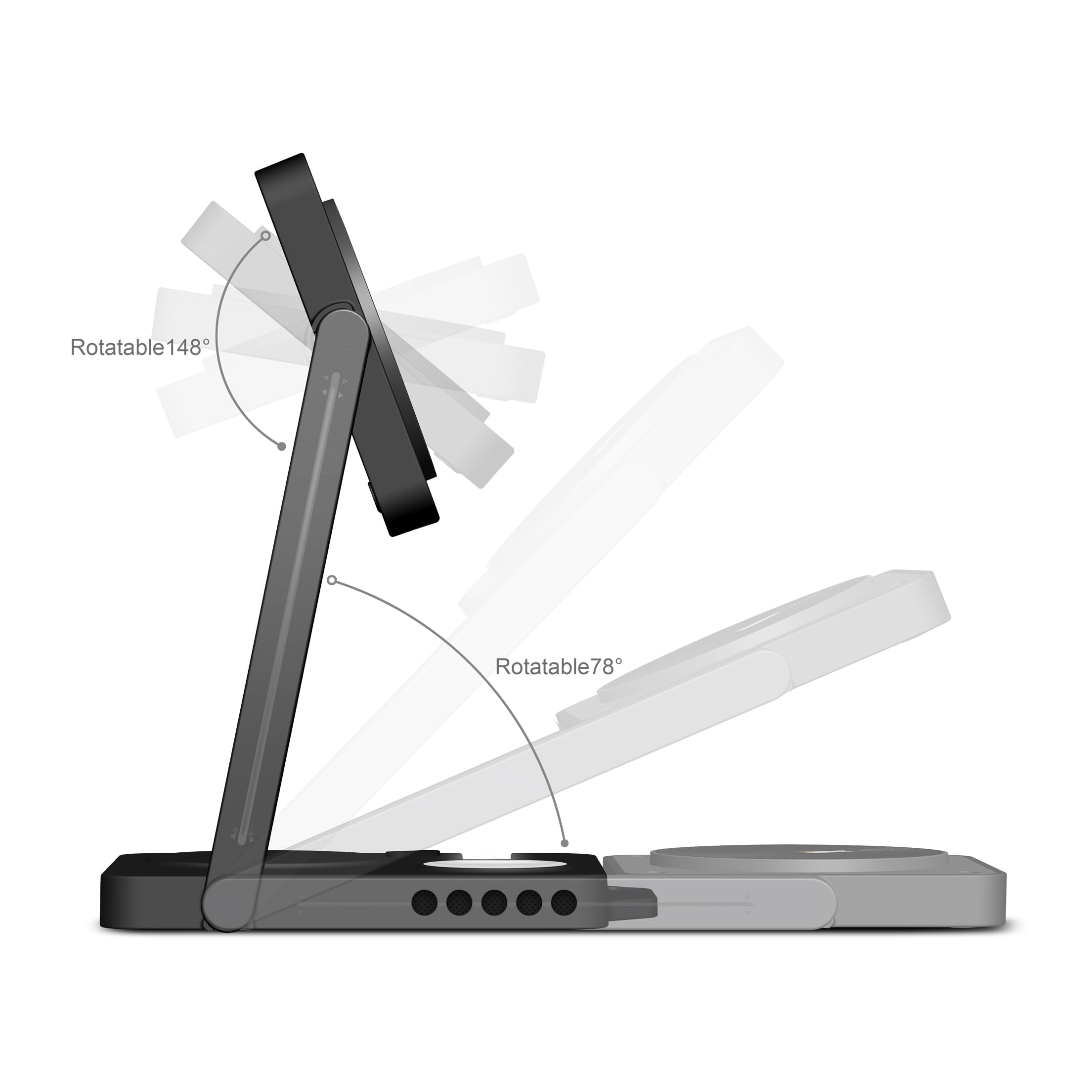 Aulumu M01 3-in-1 Foldable Magnetic Wireless Charging Station - 15W Fast Charging Stand with Magsafe Compatibility for iPhone 14/13/12, AirPods & Apple Watch - Portable Travel Charger for Home, Office & Car (Black)