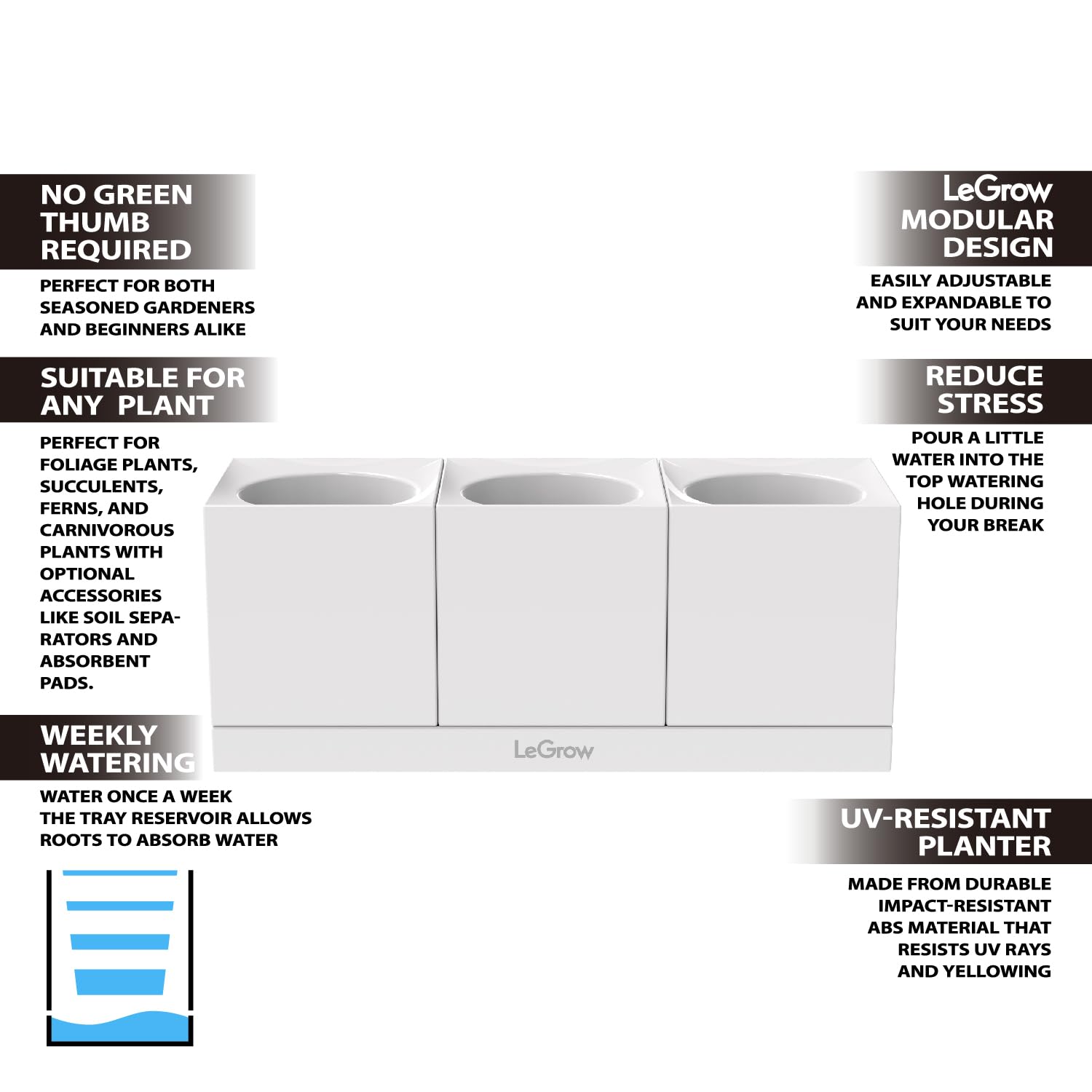 LeGrow Smart Garden Indoor Planter Starter Kit - 3 Patented Design Self-Watering Plant Pots with Water Holding Base Tray for Herbs, Flowers & Vegetables - Perfect for Home, Office & Kitchen Gardening (Plants Not Included)