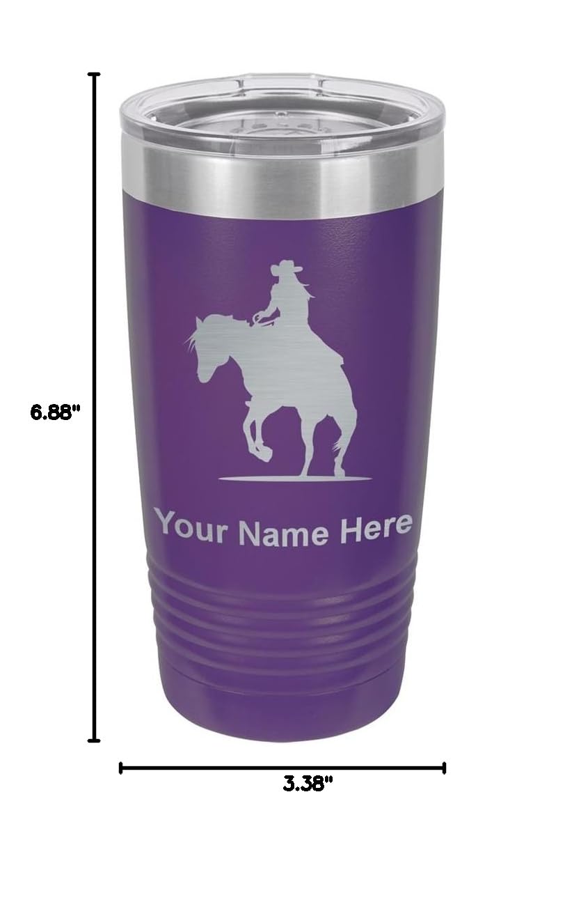 LaserGram 20oz Vacuum Insulated Stainless Steel Tumbler with Cowgirl Riding Horse Design - Personalized Engraved Dark Purple Travel Mug for Coffee, Tea & Cold Drinks - Perfect for Office, Gym, Camping & Outdoor Adventures
