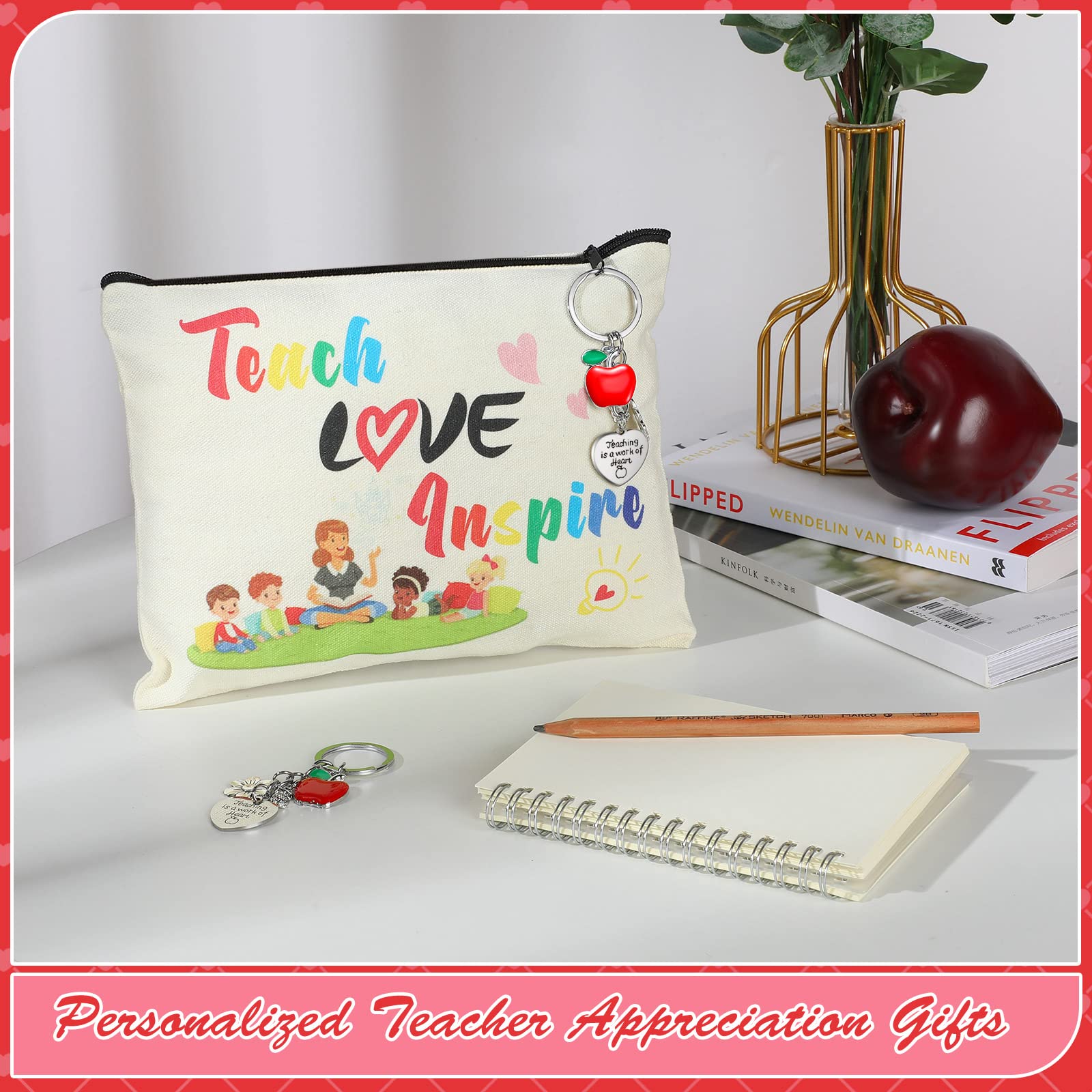12 PCS Teacher Appreciation Gift Set - 6 Makeup Cosmetic Bags & 6 Keychains - Perfect for Teacher's Day, Valentine's Day, Graduation Gifts - Ideal for Classroom Rewards, Staff Recognition & Thank You Presents