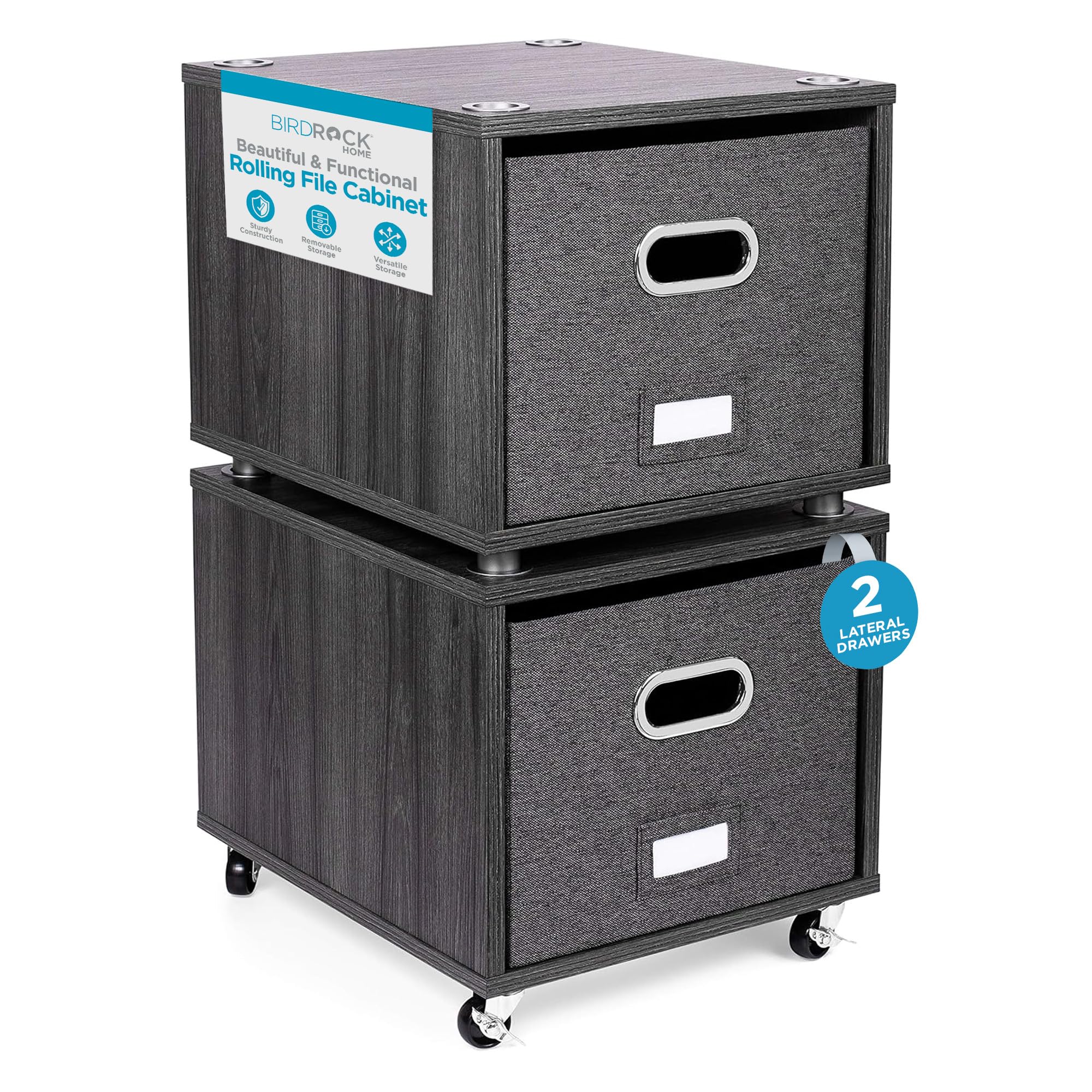 BIRDROCK HOME Rolling File Cabinet with Removable Bins - Modern Gray Storage Shelf with 2 Lateral Drawers, Wheels & Handles - Perfect for Organizing Office Files, Books, Toys | Under Desk Storage Solution for Home & Office Workspace