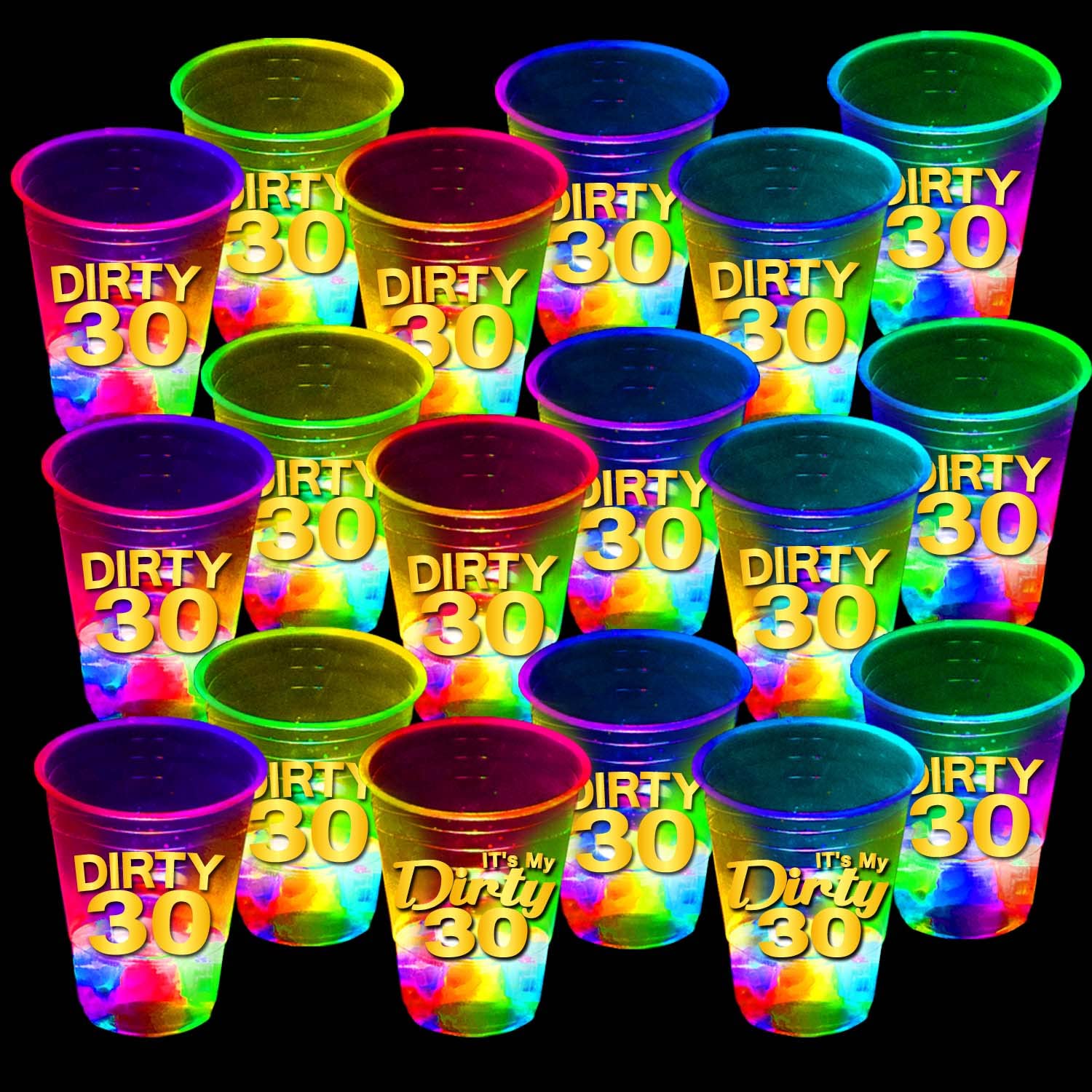 24 Pack Glow in The Dark Dirty 30 Birthday Party Cups - 16oz Light Up Flashing Cups for 30th Birthday Decorations, Night Events & Party Favors - Perfect for Adult Birthday Parties, Bachelorette Events & Glow Themed Celebrations