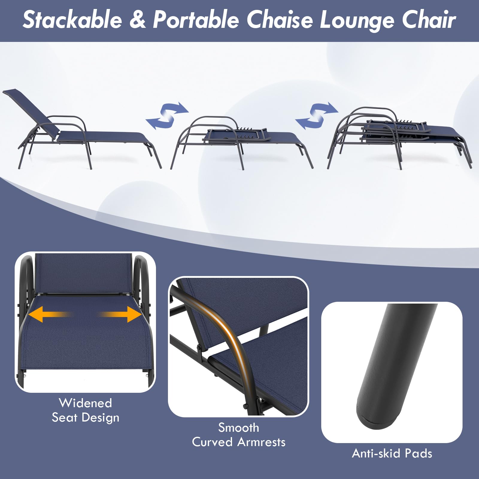 Giantex 2 Pack Adjustable Patio Lounge Chairs - Heavy Duty Steel Frame Outdoor Chaise Lounge with 5-Position Backrest - Perfect for Sunbathing, Beach, Poolside, Backyard & Balcony Relaxation - Navy Blue