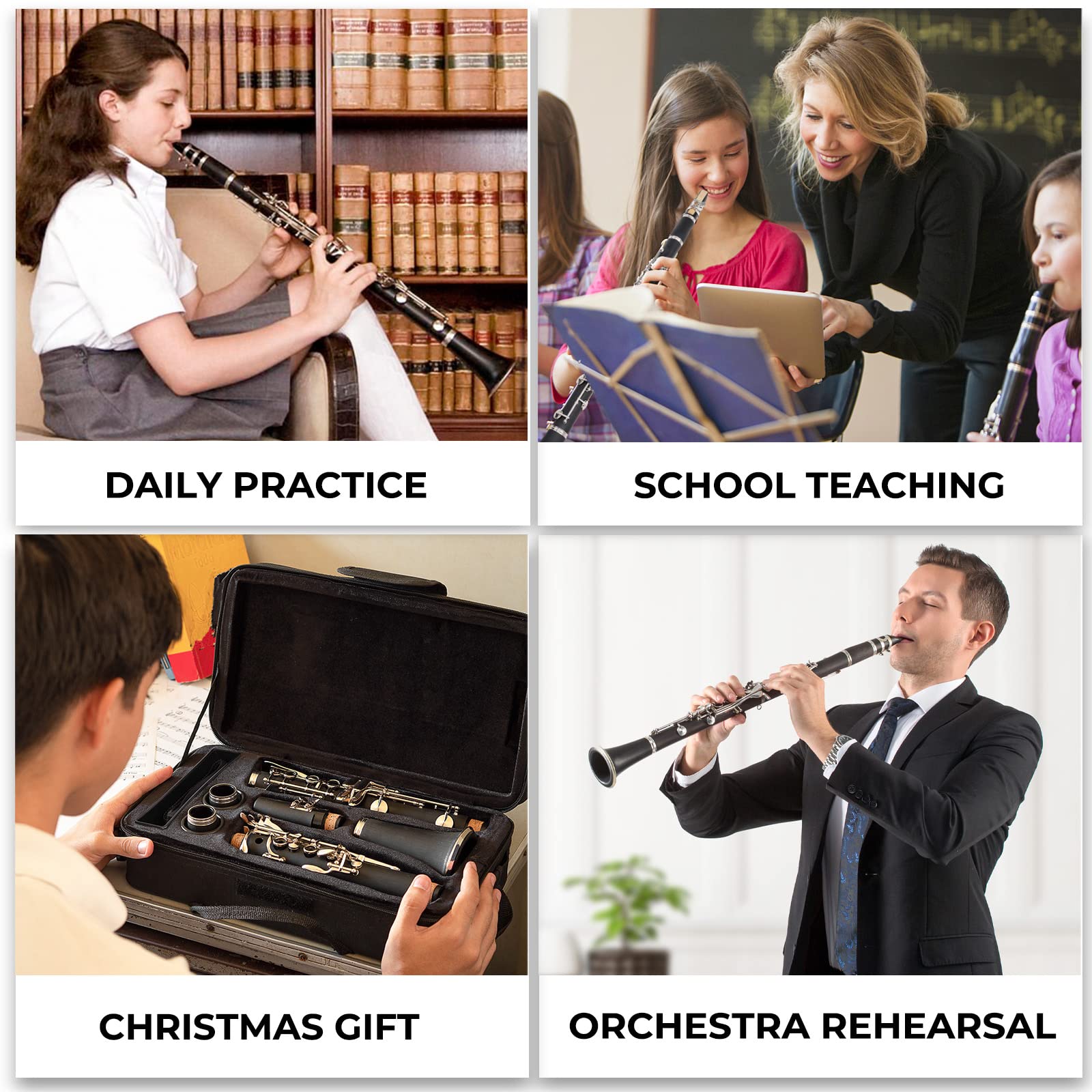 Vangoa Bb Clarinet - Professional B Flat Beginner Student Clarinet for School Band & Orchestra | Nickel-Plated with Hard Case, Stand, Cleaning Kit, Barrels, Gloves, Strap, Pads & Reeds | Perfect for Kids, Teens & Adult Music Learners | Ideal for School Performances, Practice & Music Lessons