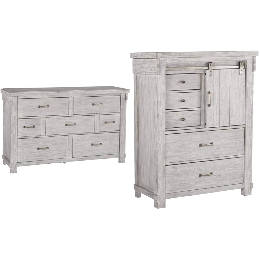 Ashley Brashland Farmhouse 7-Drawer Dresser & 5-Drawer Chest with Sliding Barn Door Set - Textured White Finish | Bedroom Storage Furniture for Farmhouse & Rustic Decor | Perfect for Master Bedroom, Guest Room & Nursery Organization
