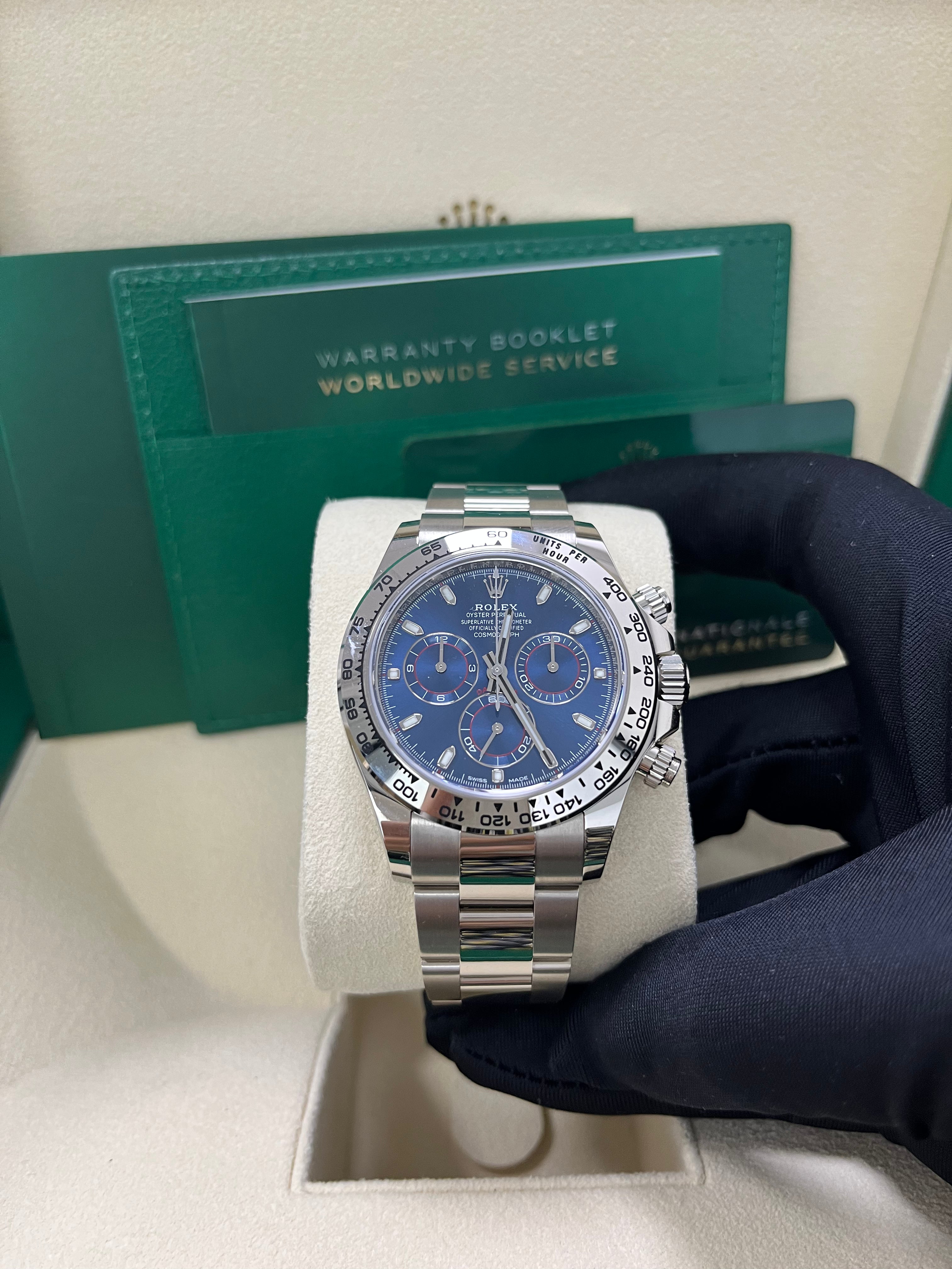 Rolex Daytona 40mm White Gold Cosmograph Watch with Blue Index Dial (Ref# 116509) - Luxury Men's Chronograph for Business, Racing & Special Occasions
