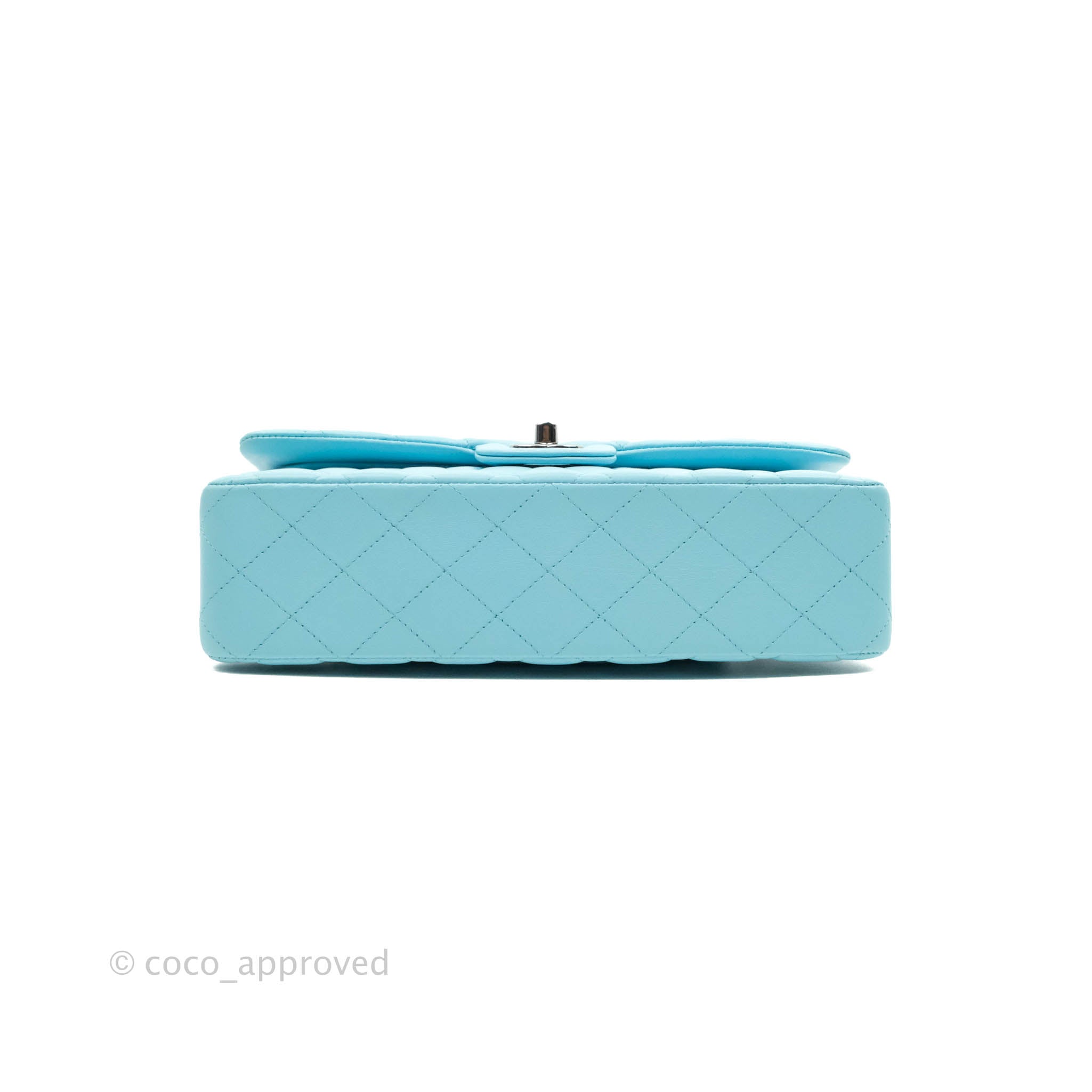 Chanel Classic Medium Double Flap Bag in Tiffany Neon Blue Lambskin with Silver Hardware 21S Collection - Perfect for Evening Events & Luxury Fashion Accessories