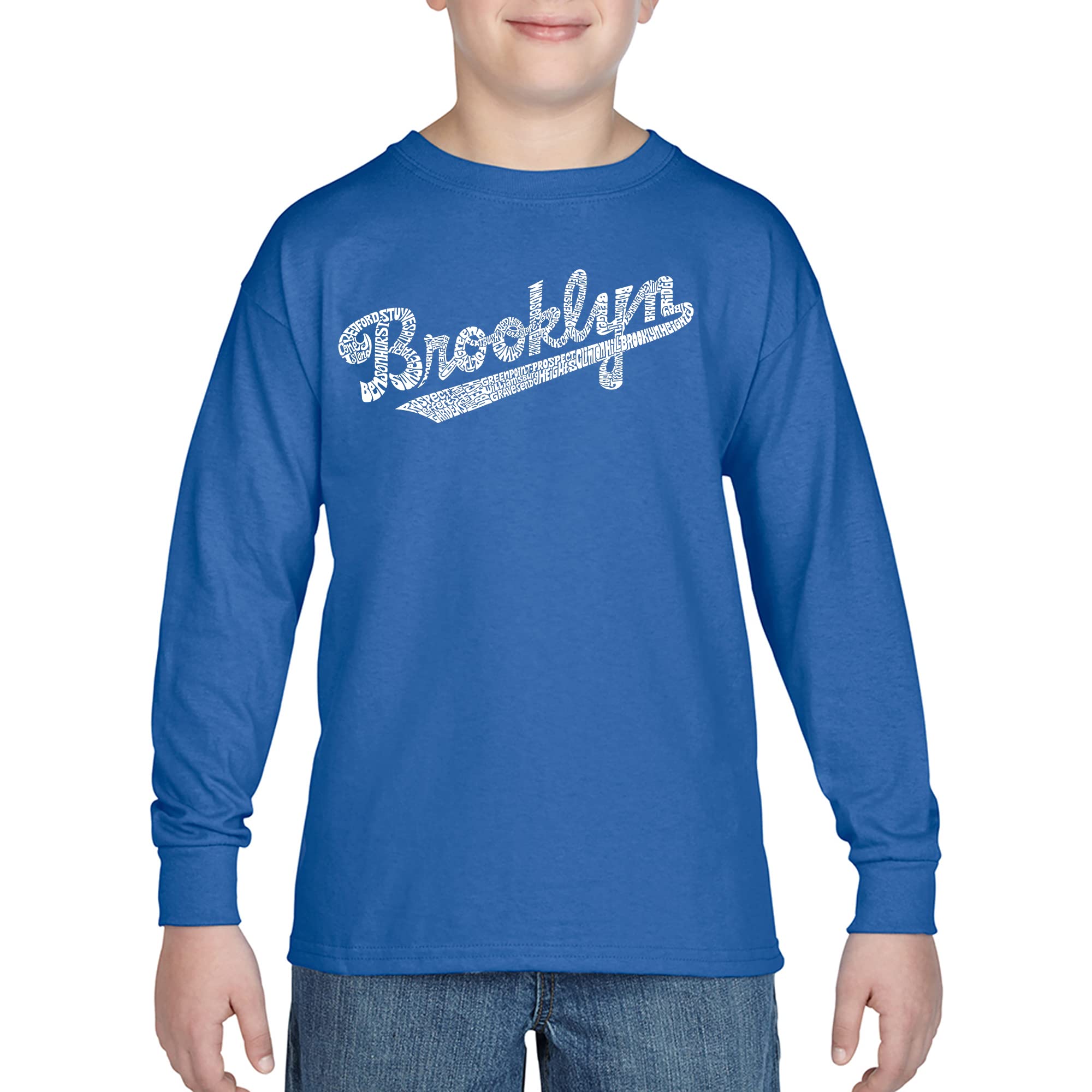 LA POP ART Boys Word Art Long Sleeve Graphic T-Shirt - Trendy Brooklyn Style Casual Top for Kids | Perfect for School, Playdates & Family Outings