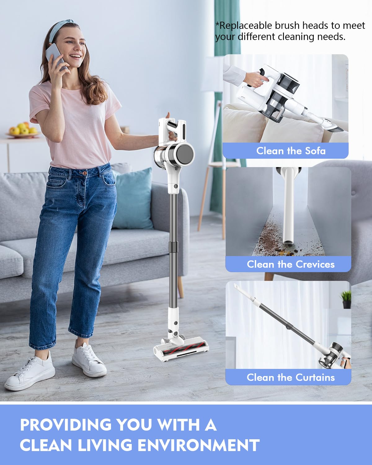 Powerful Cordless Vacuum Cleaner for Home - 80,000 RPM Motor, 2200mAh Removable Battery (35 Min Runtime), 2 Speed Modes & Detachable Parts | Lightweight Stick Vacuum in White Zinc Gray | Perfect for Hard Floors, Carpets & Pet Hair Cleaning
