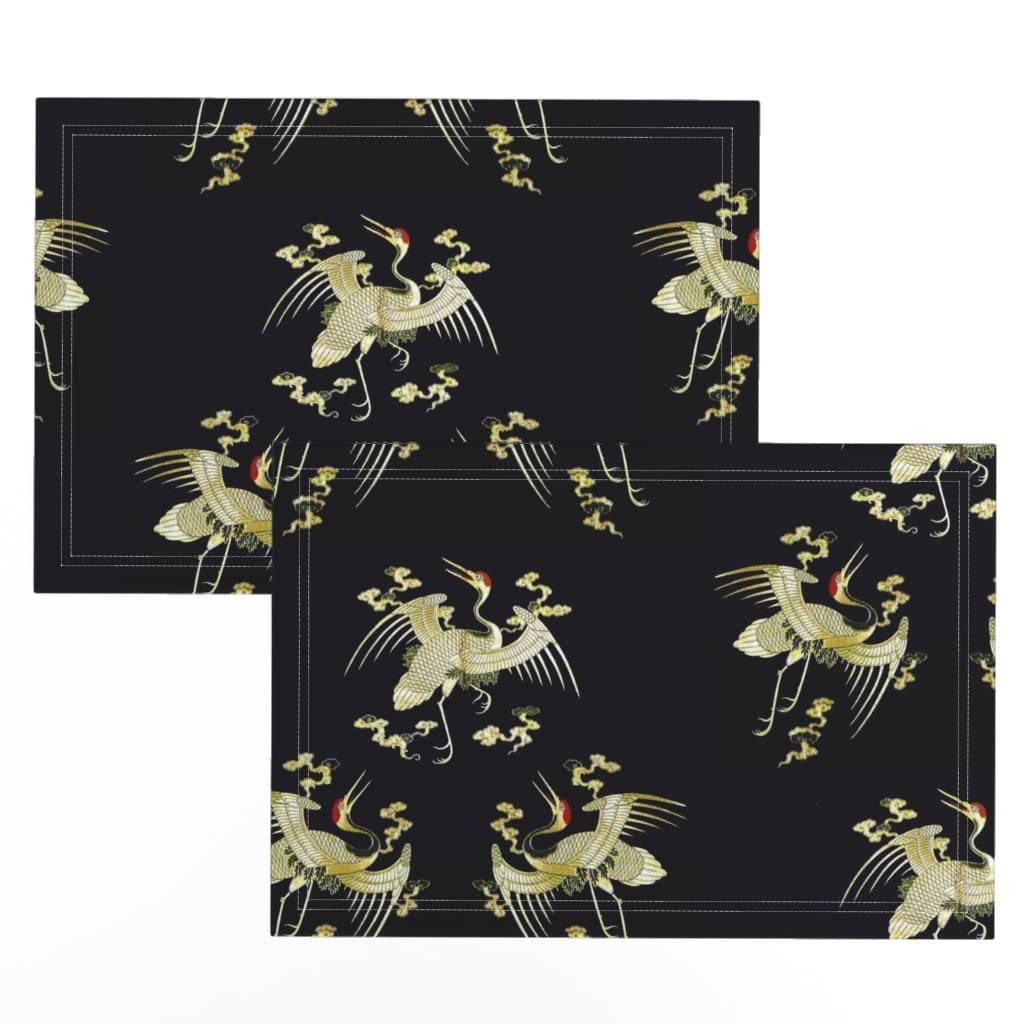 Golden Cranes Black Birds Clouds Chinoiserie Vintage Print Linen Cotton Canvas Placemats (Set of 2) - Elegant Table Setting for Dining Room, Kitchen, or Party Decor