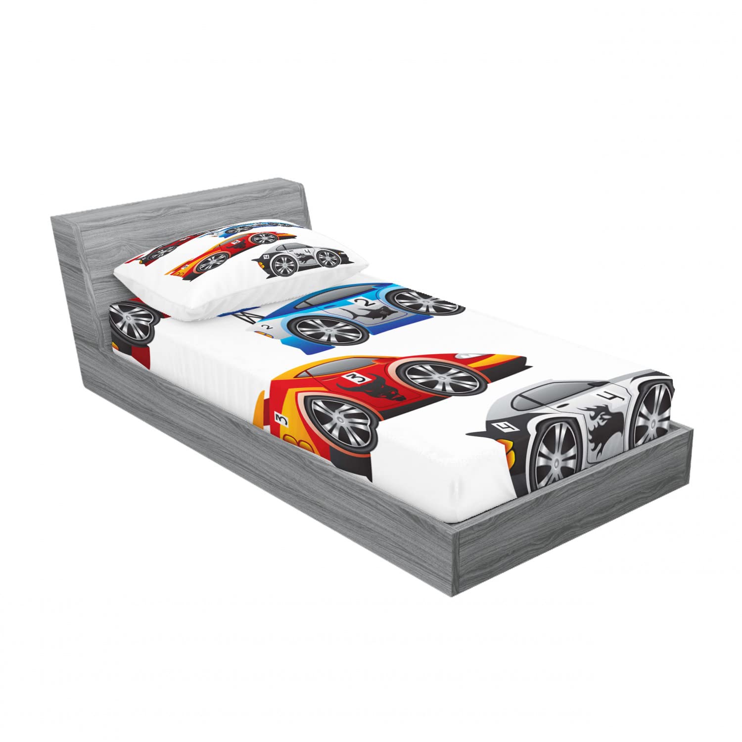 Ambesonne 2-Pack Formula Car Twin Fitted Sheet & Pillow Sham Set - 4-Piece Racing Themed Bedding for Kids & Teens - Perfect for Race Car Enthusiasts' Bedrooms, Dorm Decor, or Themed Birthday Gifts