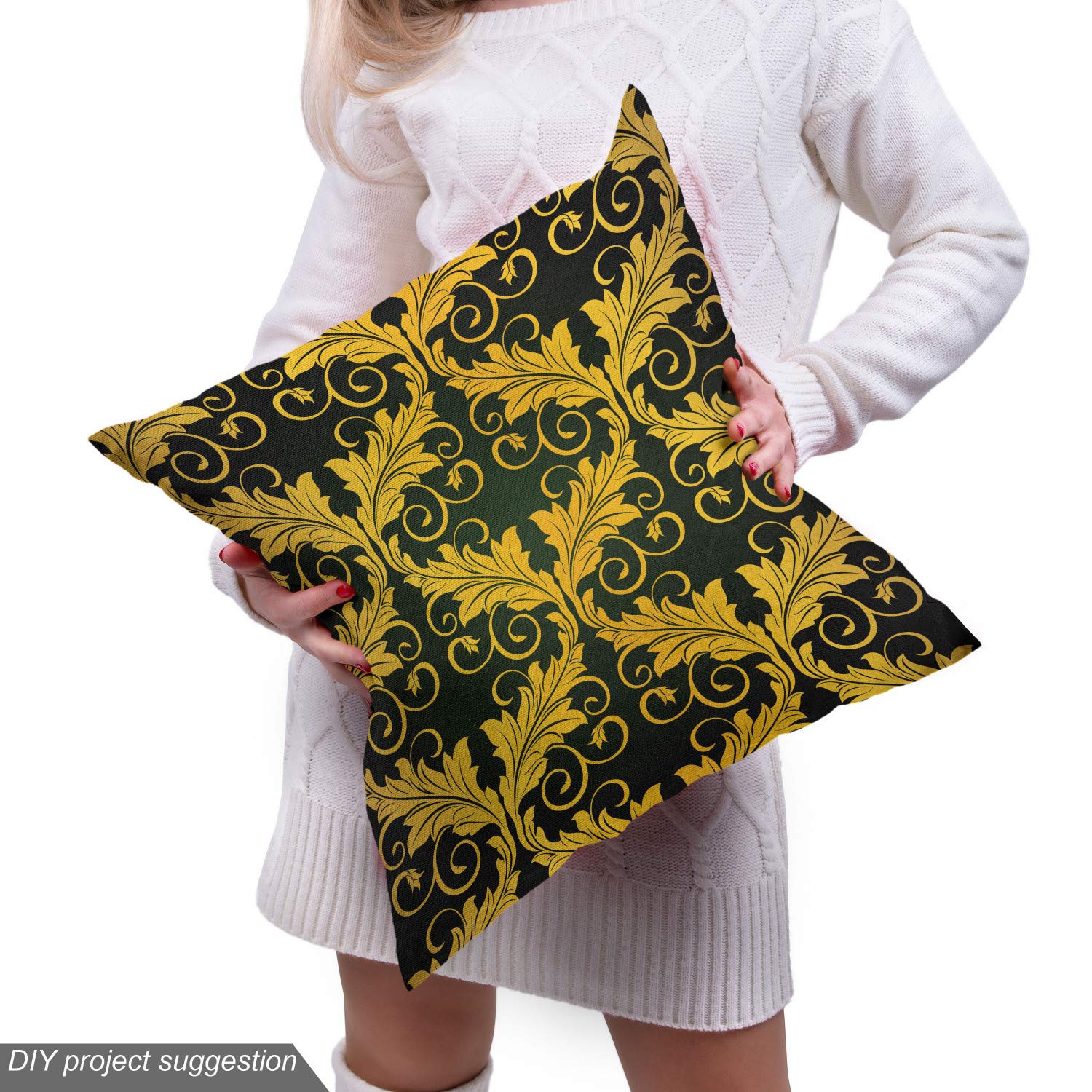 Ambesonne Yellow Damask Fabric by The Yard - Renaissance Inspired Wave Leaf Pattern Upholstery Material (10 Yards, Dark Green/Yellow) for Sofa Reupholstery, Curtains & Home Decor Projects