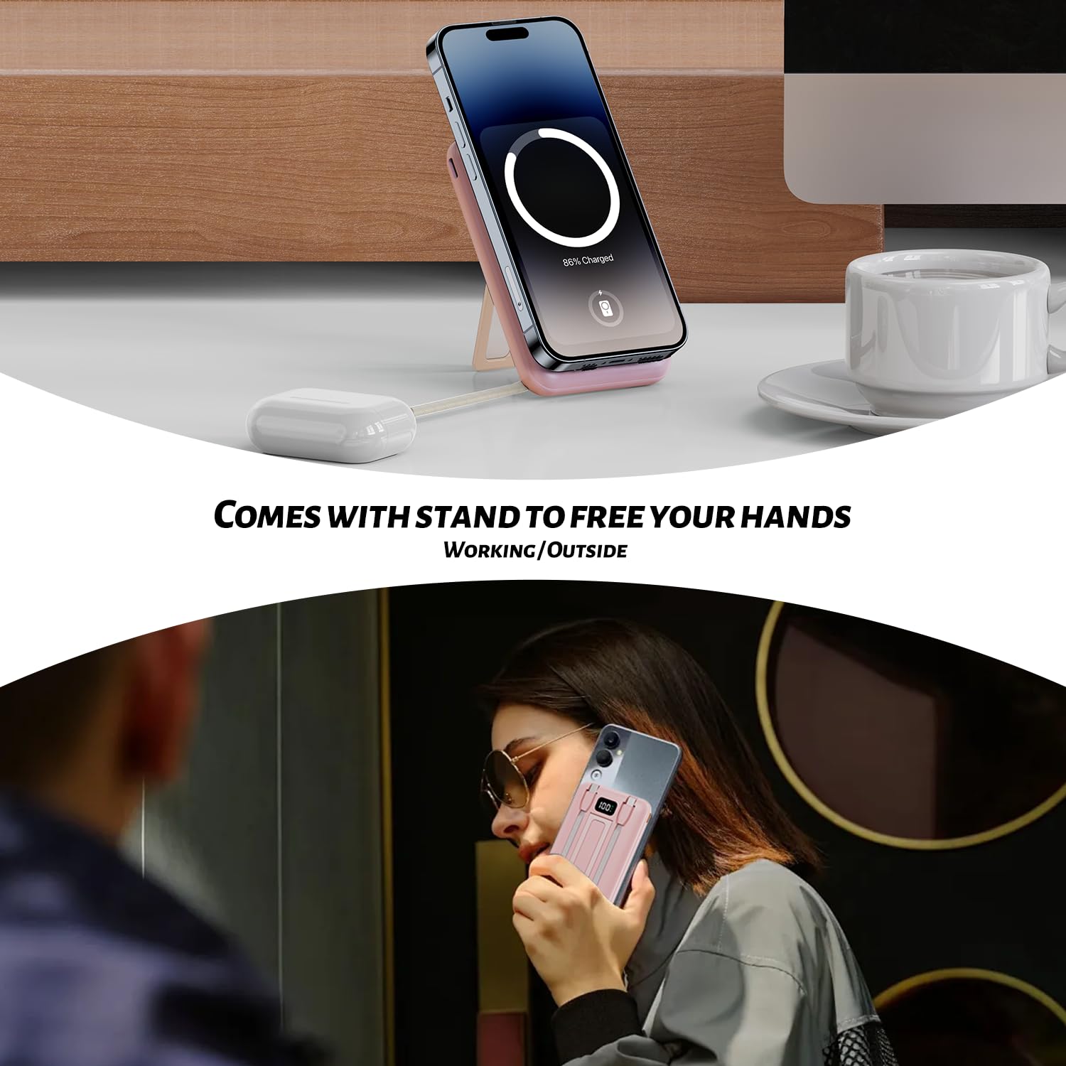 10000mAh Portable Charger Power Bank with Fast Charging & Built-in Cables - Magnetic Wireless Charging Compatible with iPhone, Samsung, Android, Apple Watch & AirPods (Gold/Pink) | Perfect for Travel, Camping & Emergency Power Backup