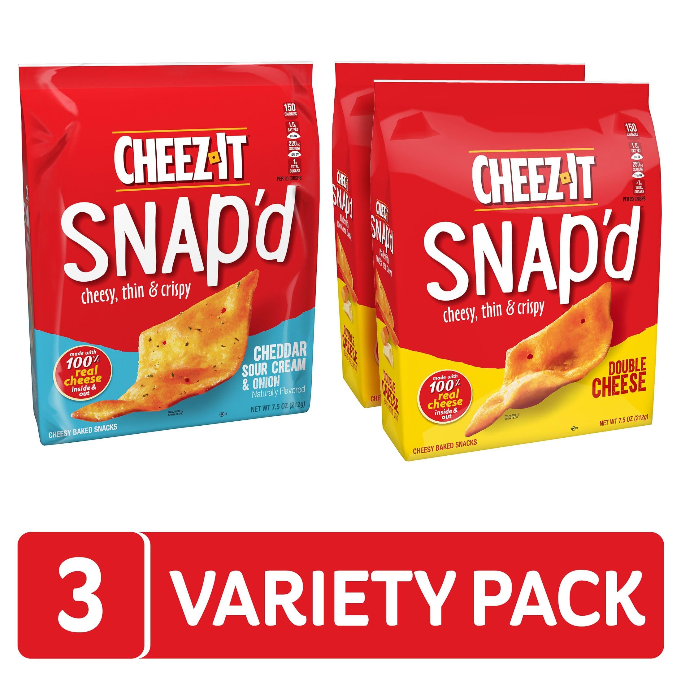 Cheez-It Snap'd Thin & Crispy Cheese Crackers - Variety Pack (22.5oz Box, 3 Bags) - Perfect for Lunch Boxes, Office Snacks & Party Platters