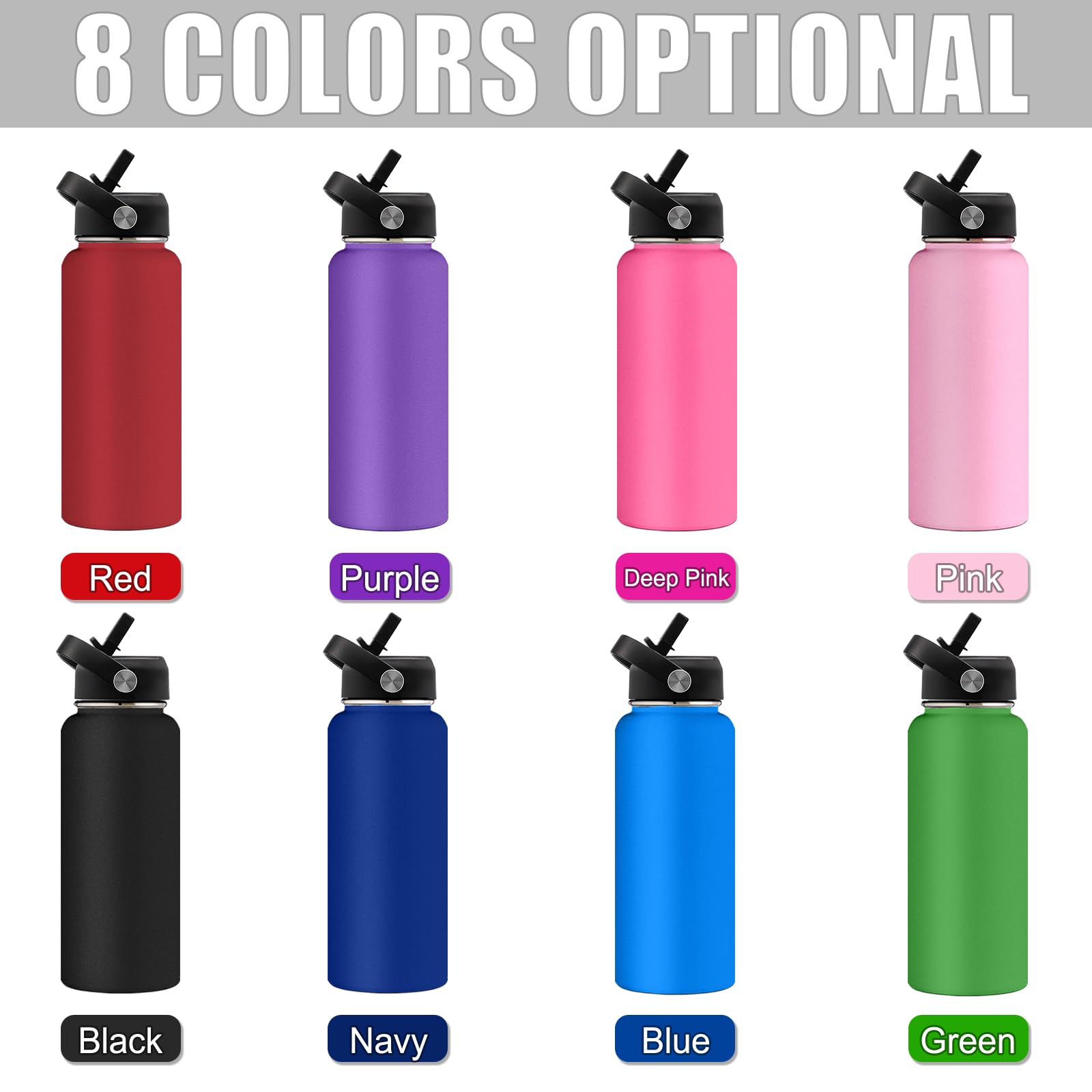 Personalized Stainless Steel Water Bottle with Straw - Custom Engraved Insulated Sport Bottle for Men & Women - Gym, Hiking, Office & Outdoor Activities