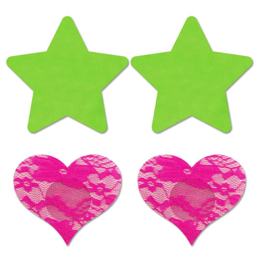 Sexy Neon Star & Lace Heart Nipple Pasties Set for Women - Fantasy Lingerie Accessories for Burlesque, Bachelorette Parties & Sensual Occasions