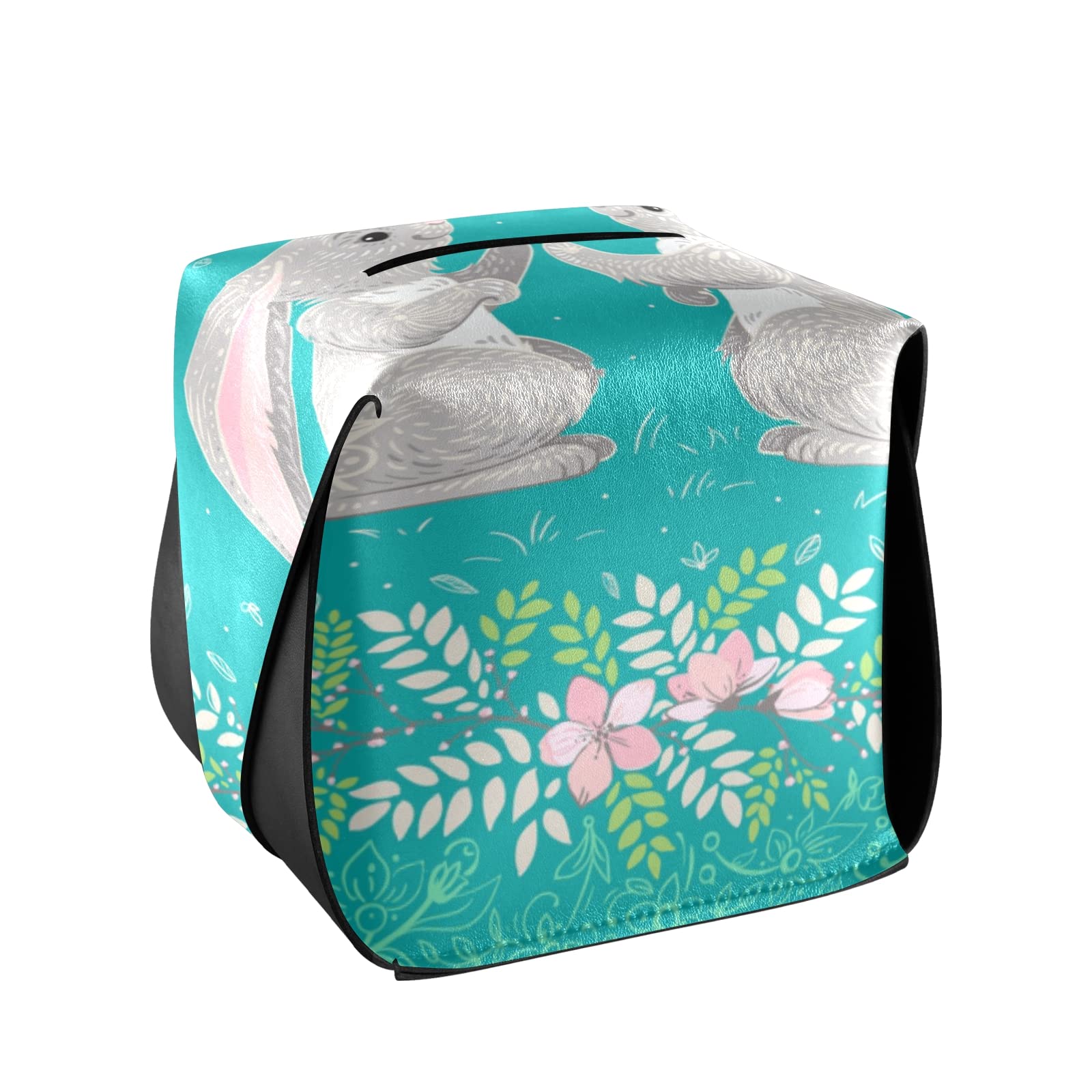 Happy Easter Two Hares Floral Wreath Leather Tissue Box Cover - Turquoise Square with Handle for Bathroom, Home, Office & Car (9.4x5.1x3.6 in) - Perfect for Easter Decor, Vanity Countertops & Nightstands