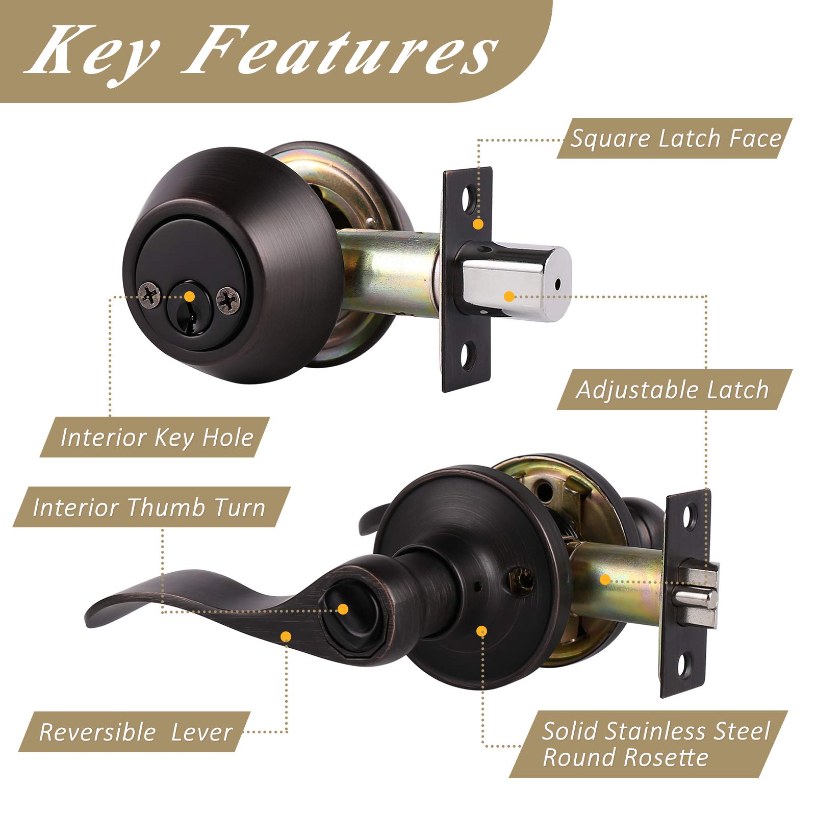 4 Sets Oil Rubbed Bronze Entry Door Lever & Deadbolt Combo Pack - Keyed Alike Exterior/Interior Handlesets with Wave Design - Perfect for Home Security, Apartments & Office Buildings (Contractor Pack)