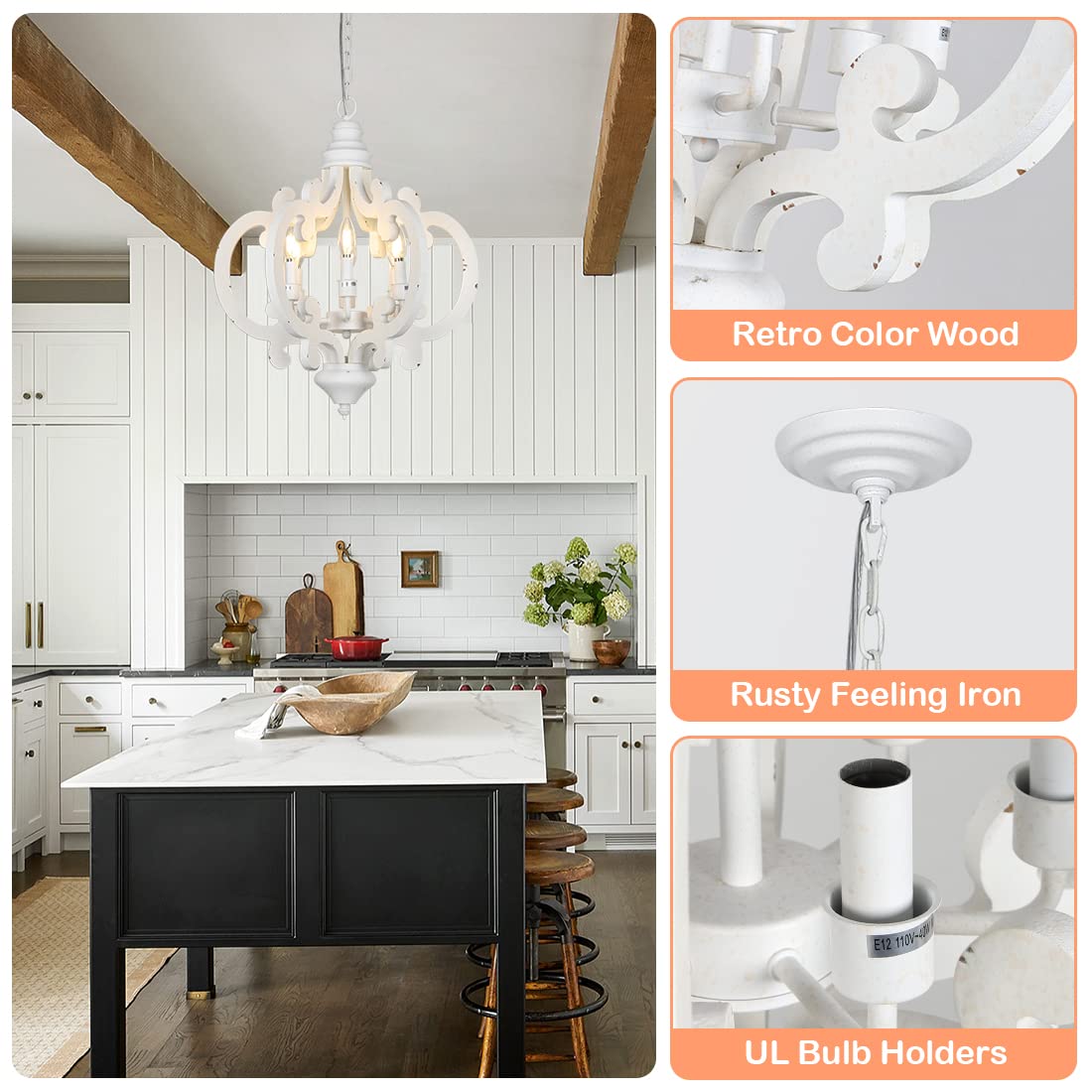 Farmhouse Chandelier 6-Lights Wooden Dining Room Light Fixture - Distressed White Candle Style Chandelier for Kitchen Island, Bedroom, Entryway & Living Room (20.1 Inch) - Perfect Rustic Lighting for Dining Tables, Kitchen Islands & Farmhouse Decor