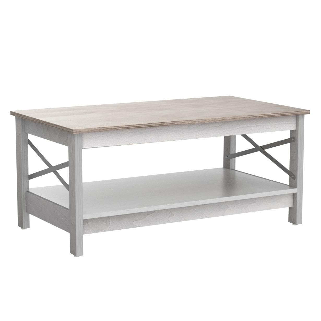 Modern Farmhouse Coffee Table with Storage - 2-Tier Wooden Living Room Center Table, Grey Wash, Sturdy Frame | Accent Cocktail Table for Living Room, Farmhouse Decor, Small Space Furniture