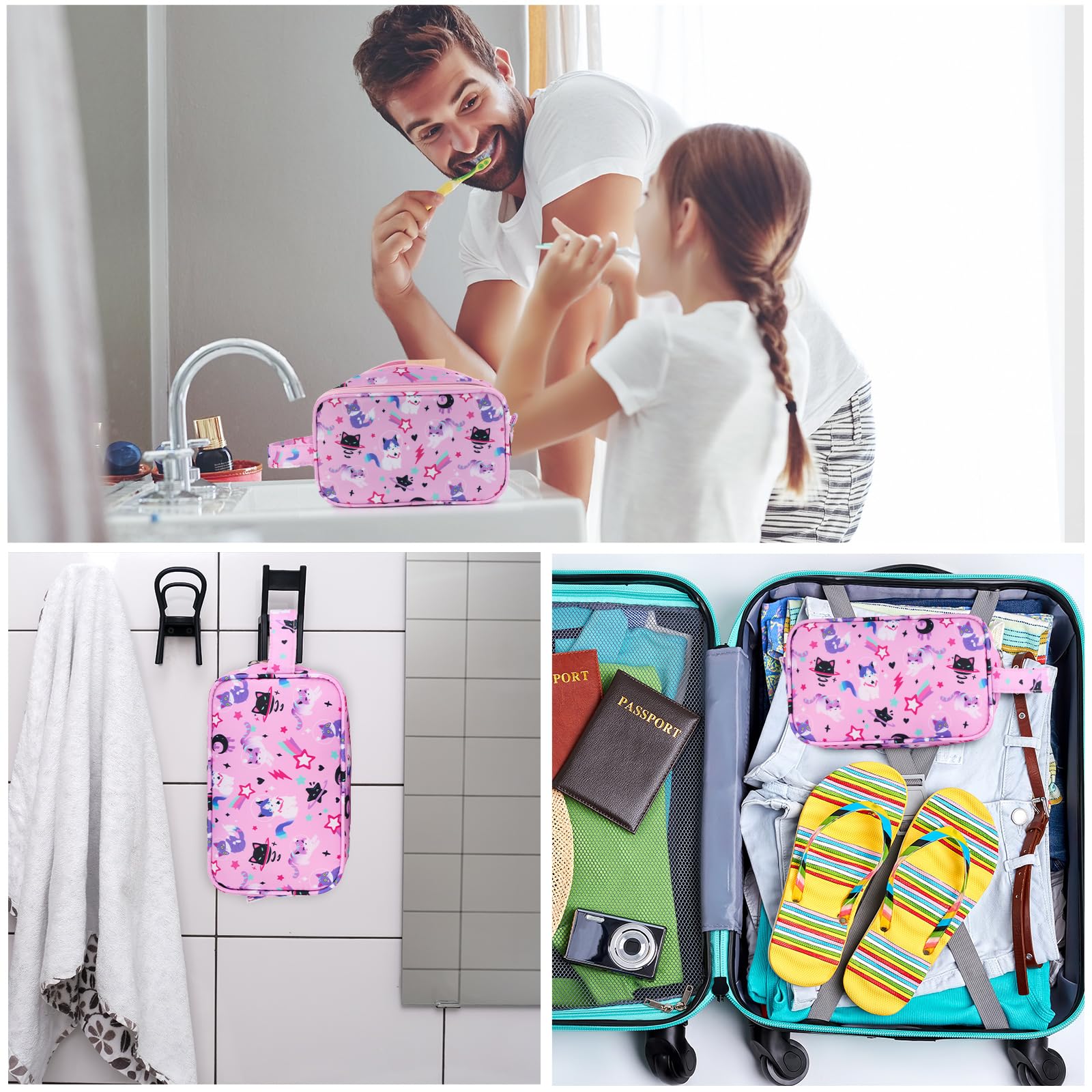Waterproof Hanging Toiletry Bag for Girls - Cute Cat Pink Cosmetic & Makeup Travel Organizer for Toddlers & Kids - Perfect for School Trips, Sleepovers & Family Vacations