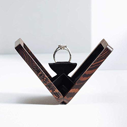 Elegant Wenge Wood Rotating Ring Box for Proposals - Custom Engraved Thin Ring Case - Perfect for Engagement, Wedding & Anniversary Gifts