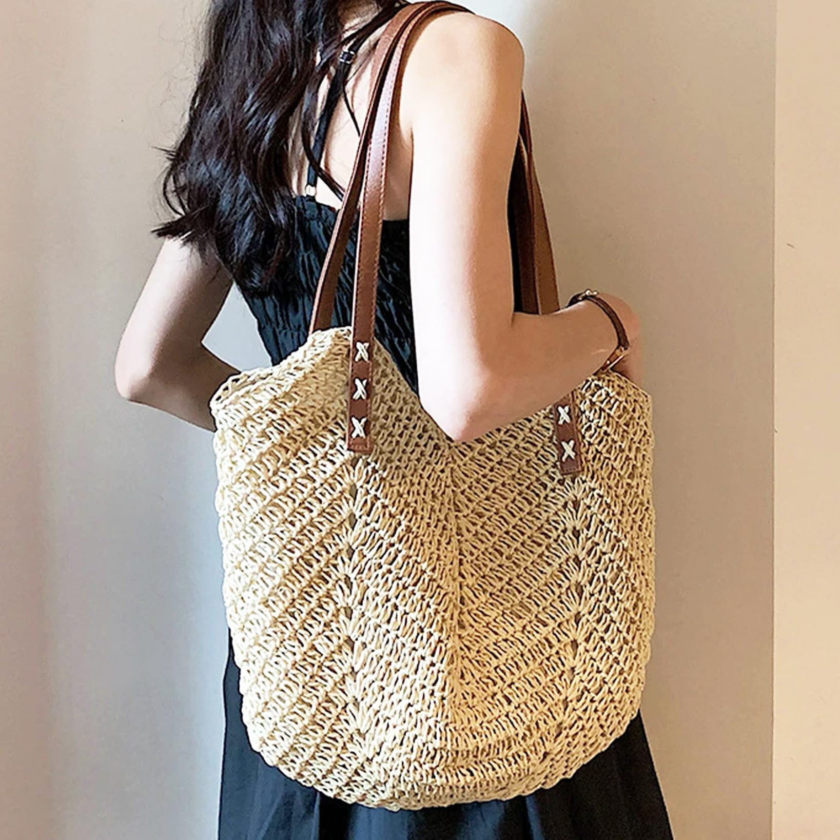 Women's Straw Beach Tote Bag with Zipper - Large Woven Summer Purse for Vacation & Travel