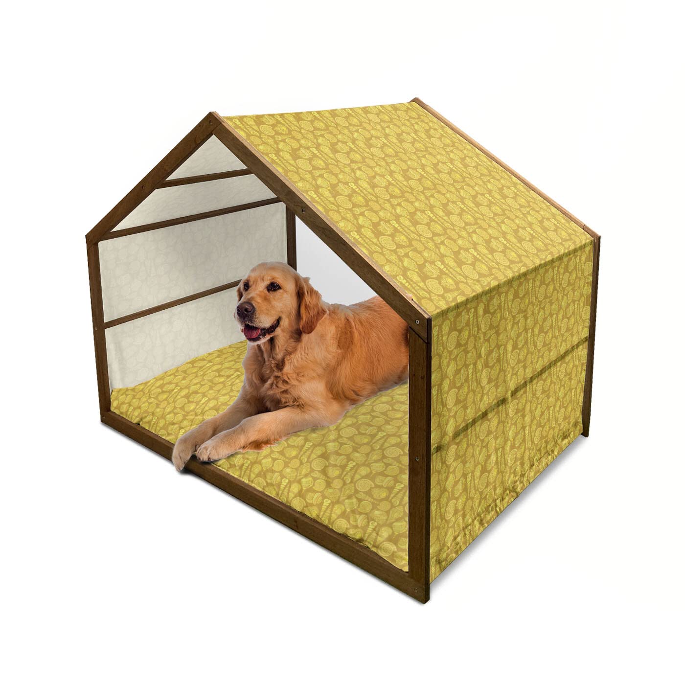 Ambesonne Wooden Dog House with Shells Design - Indoor & Outdoor Portable Pet Kennel with Pillow & Cover - X-Large Size in Earth Yellow Mustard - Perfect for Backyard, Patio or Home Decor