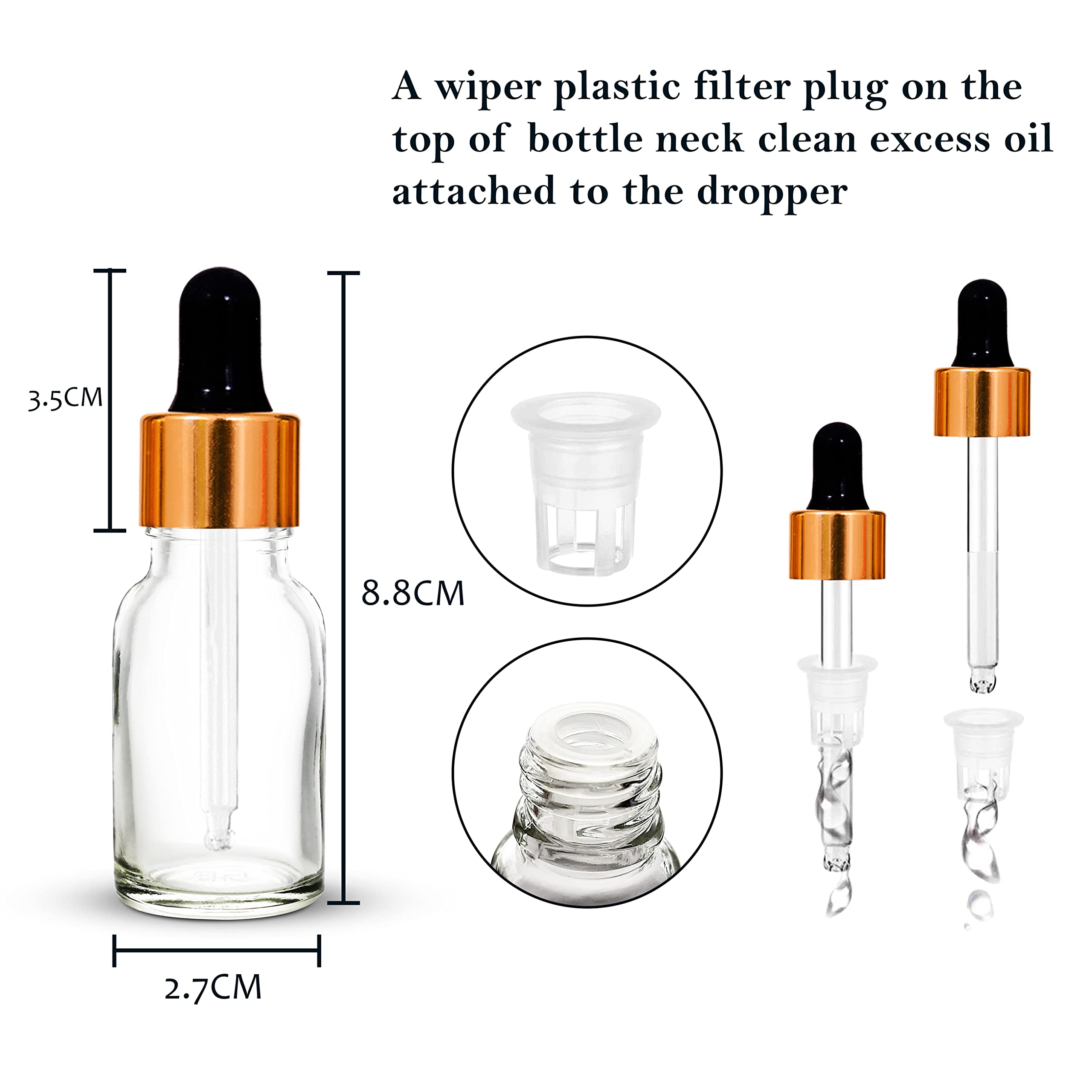 NSB Herbals 15ml Clear Round Empty Glass Bottle with Glass Dropper, Golden Ring & Black Silicone Teat - Refillable for Essential Oils, Perfumes, DIY Beauty (Pack of 3) | Perfect for Aromatherapy, Travel & Home Fragrance