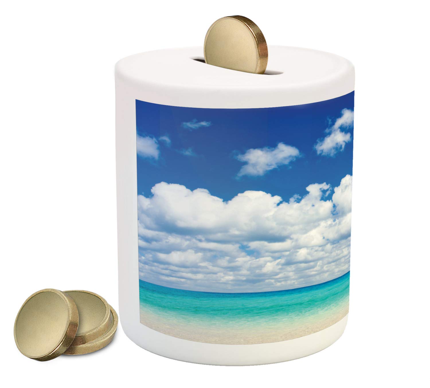 Ambesonne Ocean Piggy Bank - Tropical Hawaiian Beach Ceramic Coin Bank with Exotic Sky & Clouds Design, Money Box for Cash Savings in Turquoise, White & Azure Blue - Perfect for Kids' Savings, Home Decor & Gift Giving