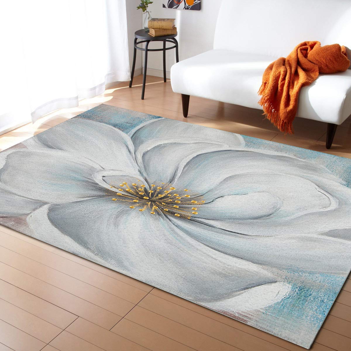 ARTSHOWING Non-Skid Area Rug - 3'x5' Floral Gardenia White Petals Runner Rug for Kitchen, Porch, Bedroom & Living Room | Soft Floor Mat for Home Decor, Pet-Friendly & High Traffic Areas