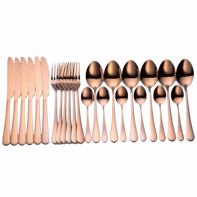 24-Piece Stainless Steel Silverware Flatware Cutlery Set - Rose Gold Dinnerware with Spoon, Fork & Knife for Western Dining | Elegant Table Setting for Restaurants, Weddings & Home Kitchen Use