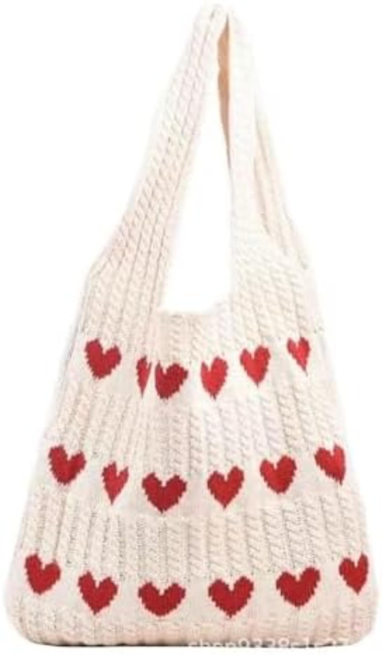 Heart Graphic Cute Tote Bags for Women - Aesthetic Crochet Shoulder Handbags - Casual Beach Bag for Summer Outings, Shopping & Travel