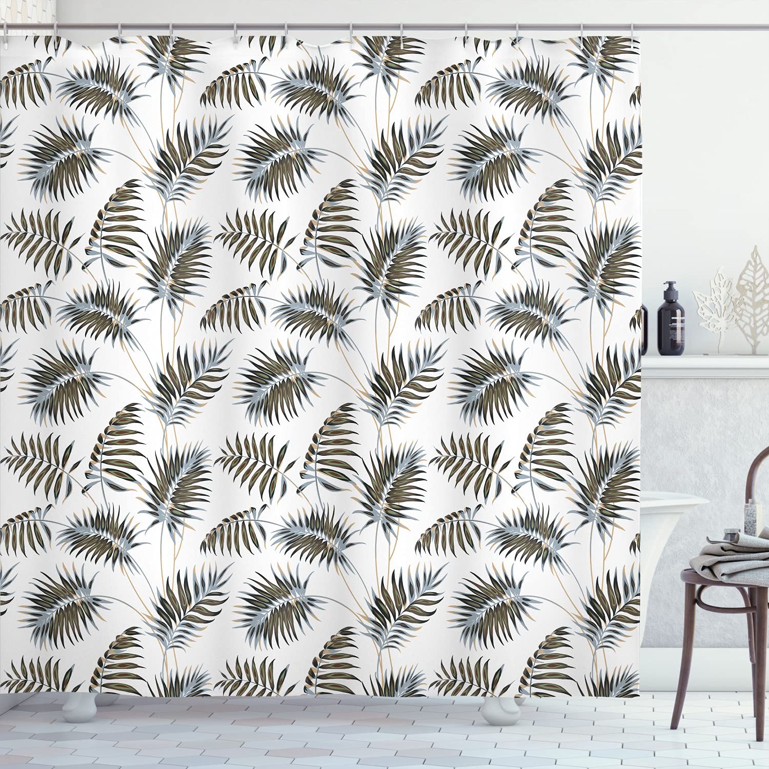 Ambesonne Tropical Palm Leaves Shower Curtain - Green Army Botanical Print Bathroom Decor Set with Hooks, 70 Inch Long Waterproof Fabric - Perfect for Beach Theme Bathrooms, Coastal Home Decor & Spa Retreats