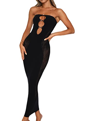 ROAONOCOMO Women's Newspaper Print Tube Dress - Off Shoulder Hollow Out Bodycon Maxi Dress for Clubwear & Evening Parties | Strapless Sexy Midi Dress for Night Out & Summer Fashion