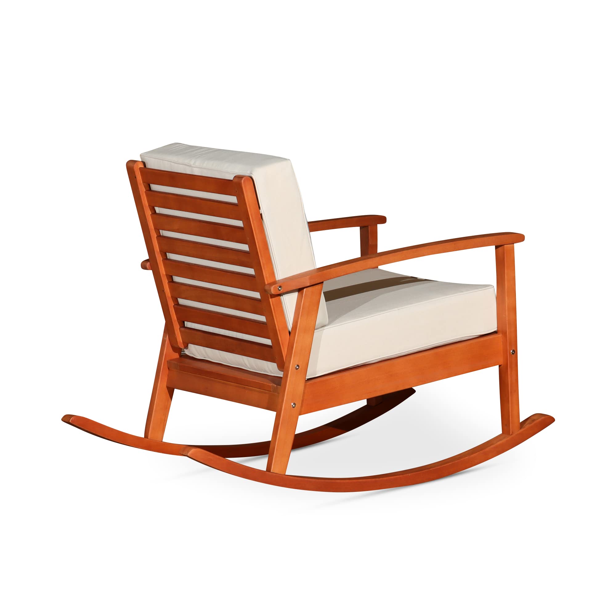 DTY Outdoor Living Longs Peak Deep Seat Eucalyptus Rocker - Natural Oil Finish with Dark Green Cushions | Patio, Garden, Porch Rocking Chair for Relaxation