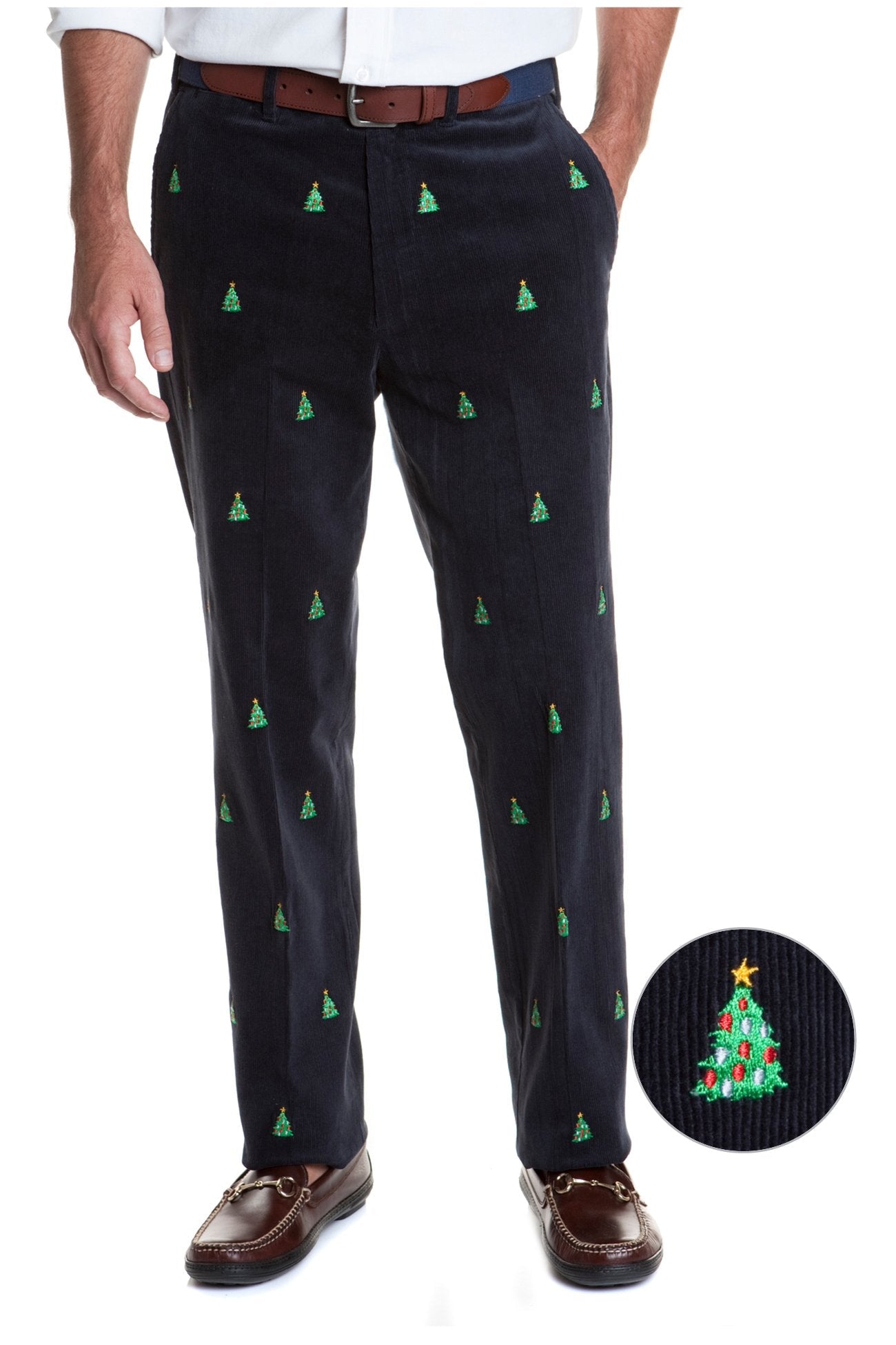 Beachcomber Corduroy Pants for Men - Nantucket Navy with Christmas Tree Print - Comfortable Casual Trousers for Holiday Parties & Winter Vacations