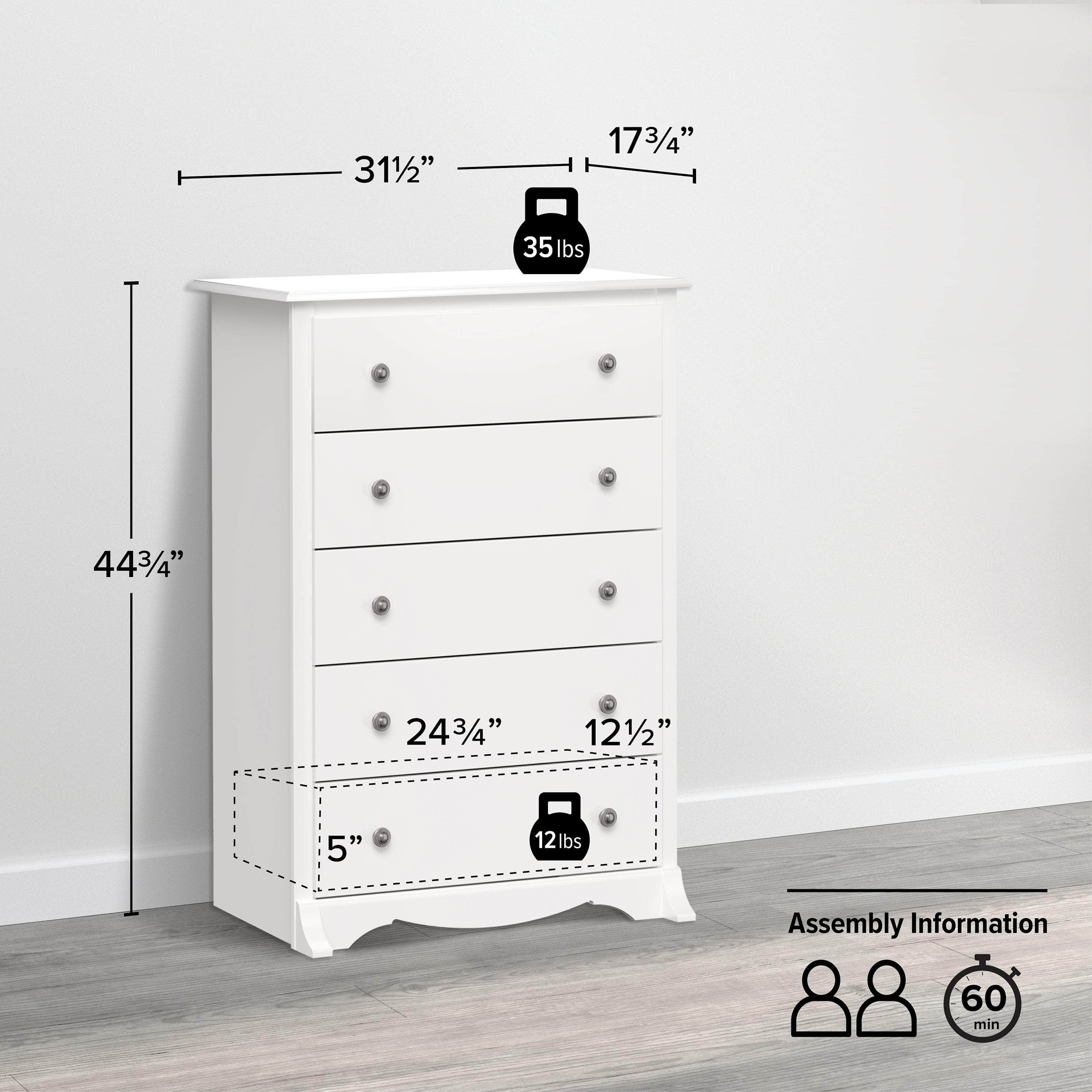 Sonoma 5-Drawer Dresser Chest - White, Black, Gray, Blue & Beige | Bedroom Storage Organizer for Clothes & Accessories